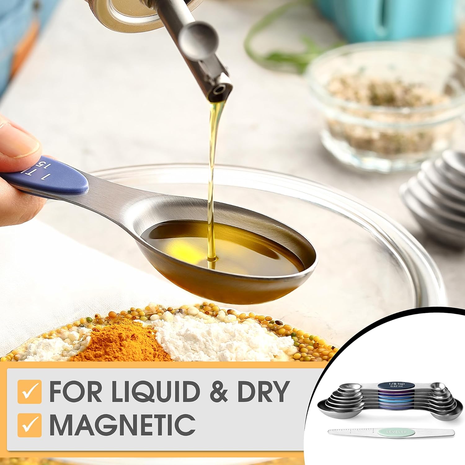 Spring Chef Magnetic Measuring Spoons Set with Strong N45 Magnets, Heavy Duty Stainless Steel Metal, Fits in Most Kitchen Spice Jars for Baking & Cooking, BPA Free, Black, Set of 8 with Leveler