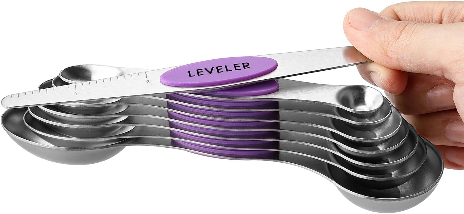 Spring Chef Magnetic Measuring Spoons Set with Strong N45 Magnets, Heavy Duty Stainless Steel Metal, Fits in Most Kitchen Spice Jars for Baking & Cooking, BPA Free, Black, Set of 8 with Leveler