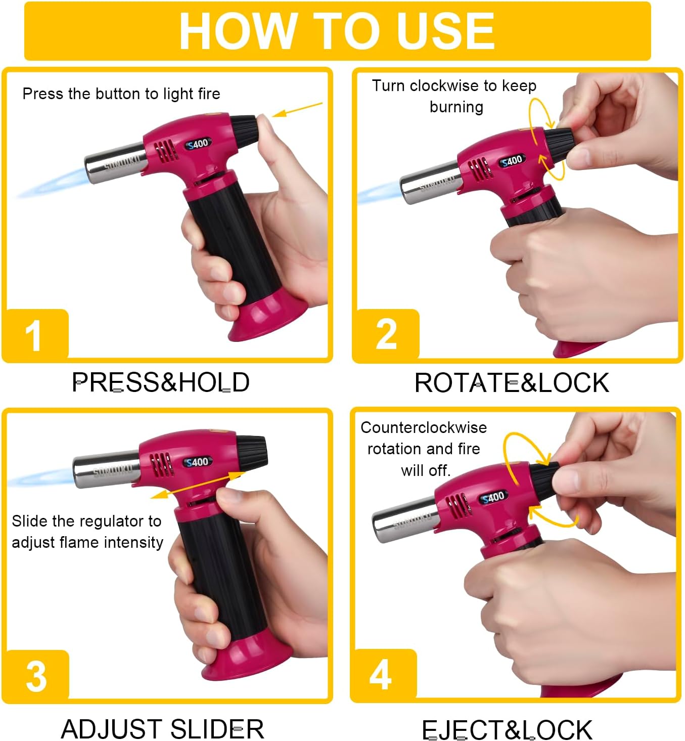 Sondiko Butane Torch S400, Refillable Kitchen Torch Lighter, Fit All Butane Tanks Blow Torch with Safety Lock and Adjustable Flame for Desserts, Creme Brulee, and Baking—Butane Gas Is Not Included
