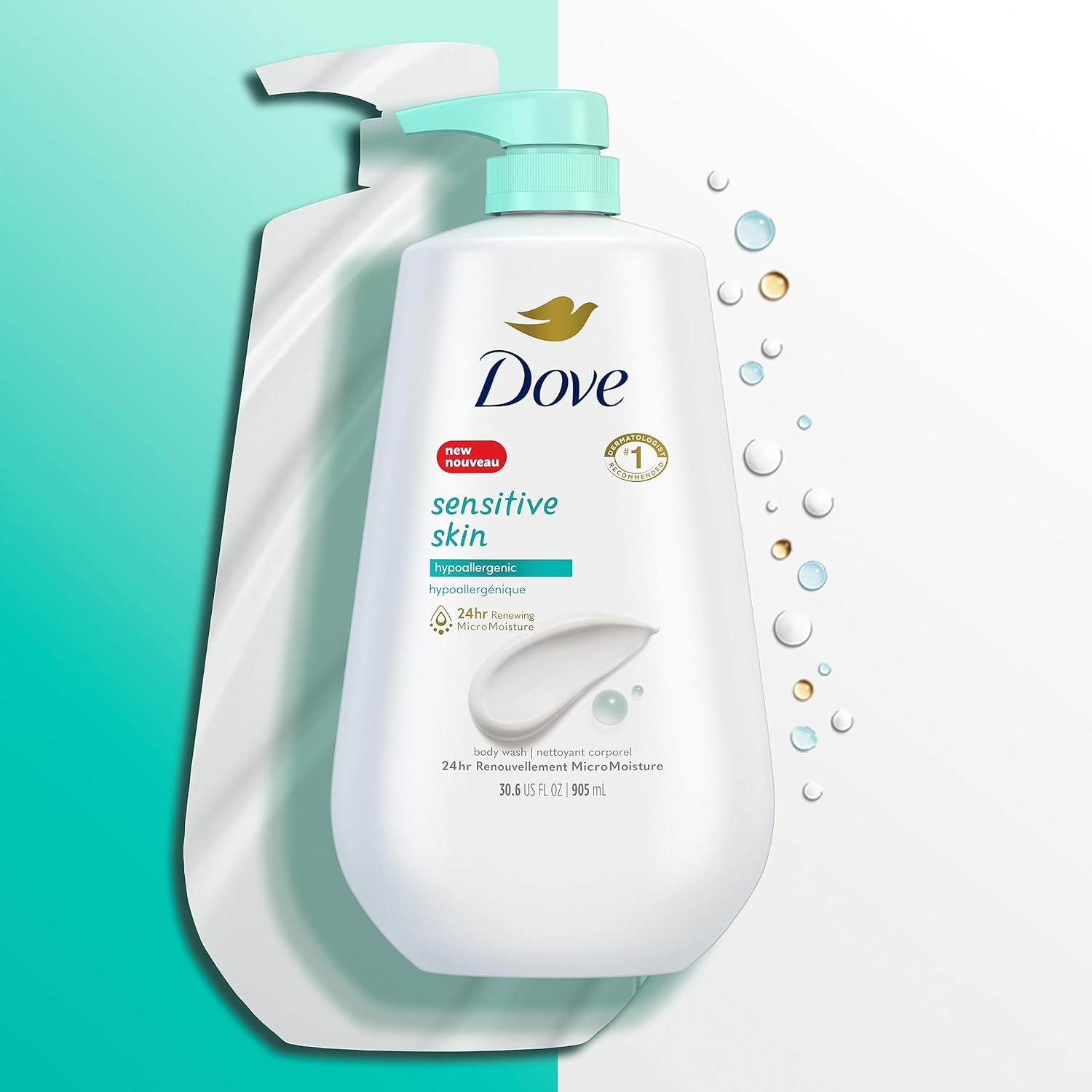 Dove Body Wash 3 Count with Pump Sensitive Skin Hypoallergenic, Paraben-Free, Sulfate-Free, Cruelty-Free, Moisturizing Skin Cleanser Effectively Washes Away Bacteria While Nourishing Skin 30.6 oz