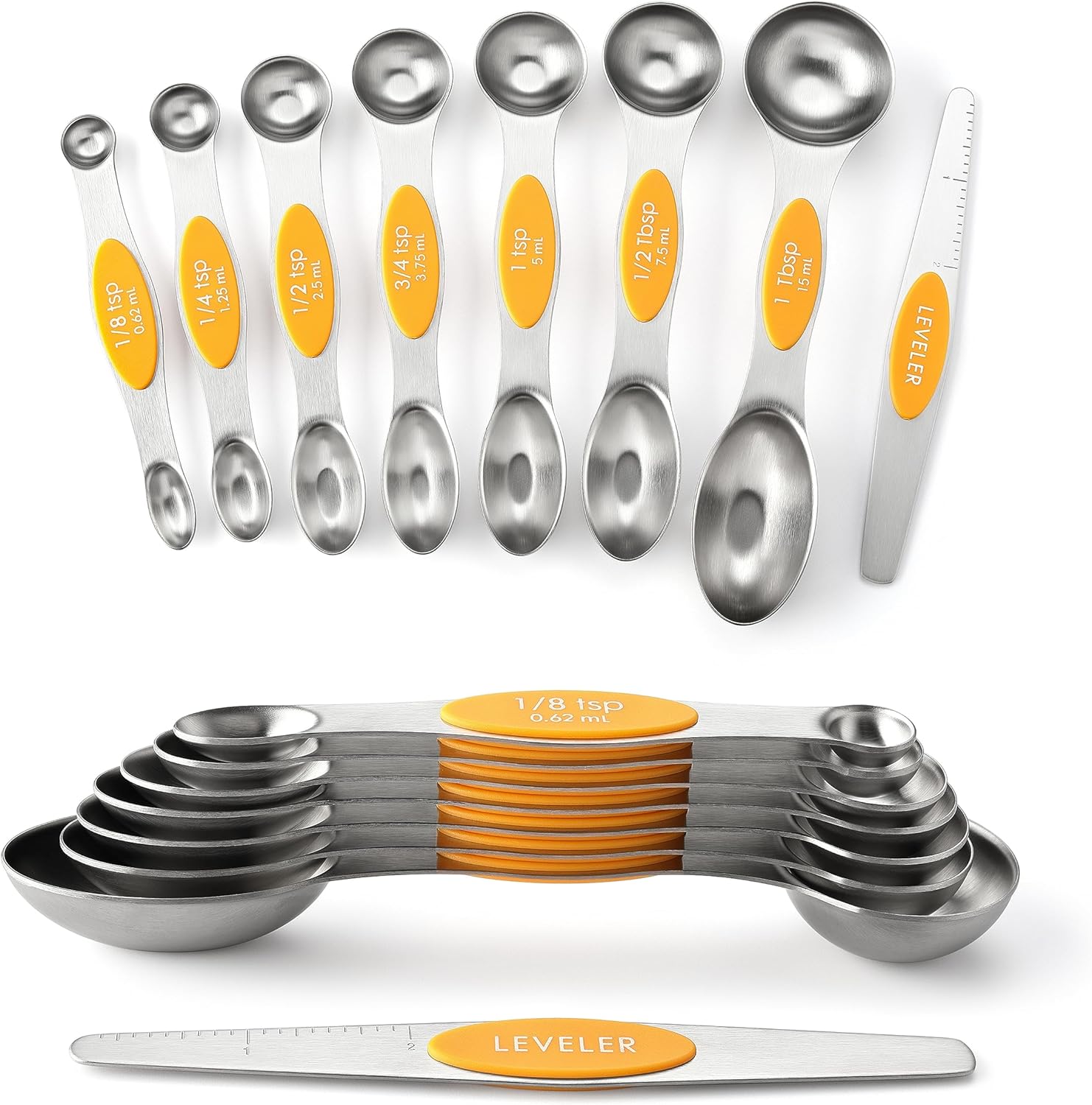 Spring Chef Magnetic Measuring Spoons Set with Strong N45 Magnets, Heavy Duty Stainless Steel Metal, Fits in Most Kitchen Spice Jars for Baking & Cooking, BPA Free, Black, Set of 8 with Leveler