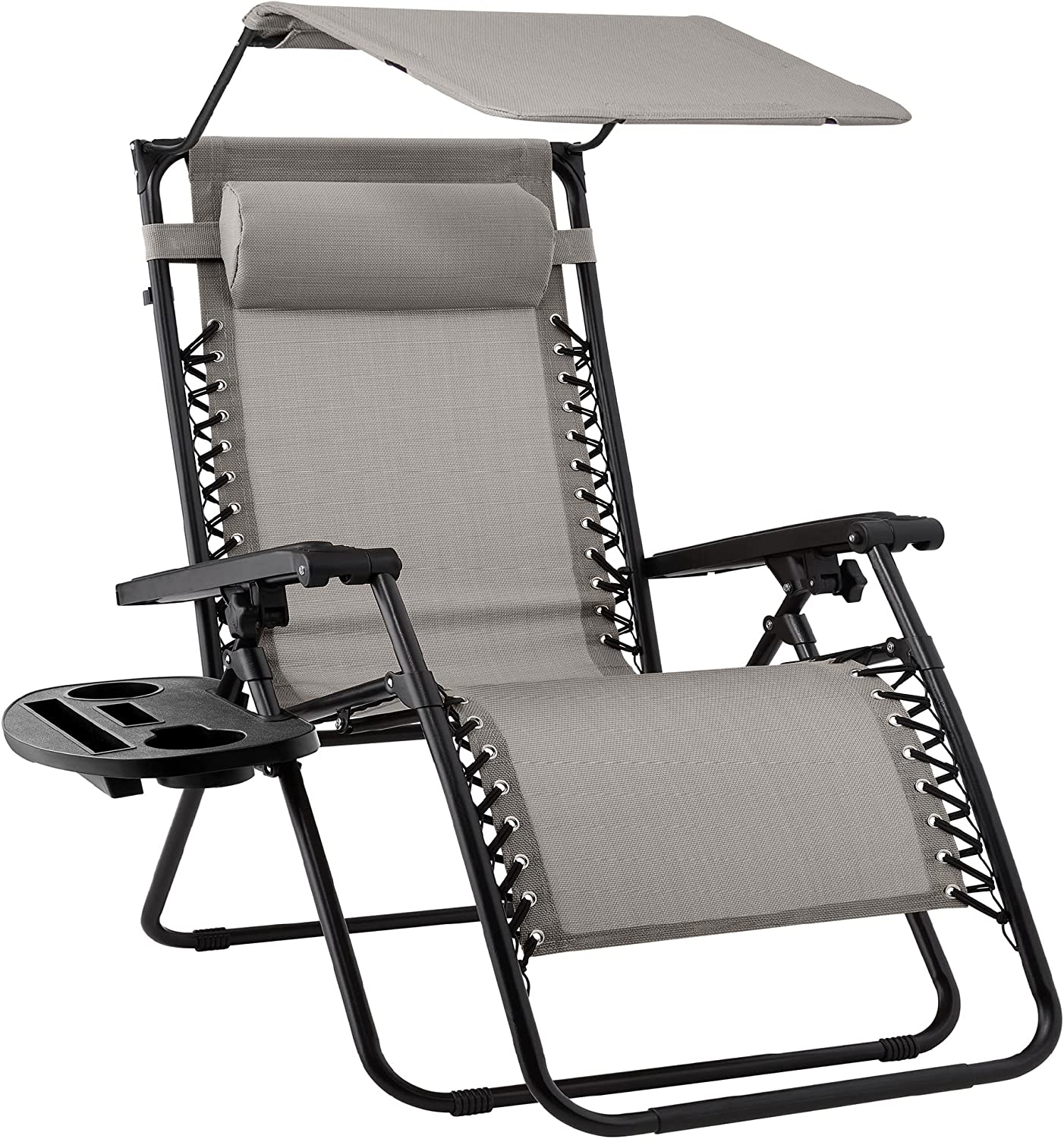 Folding Zero Gravity Outdoor Recliner Patio Lounge Chair w/Adjustable Canopy Shade, Headrest, Side Accessory Tray, Textilene Mesh - Beige