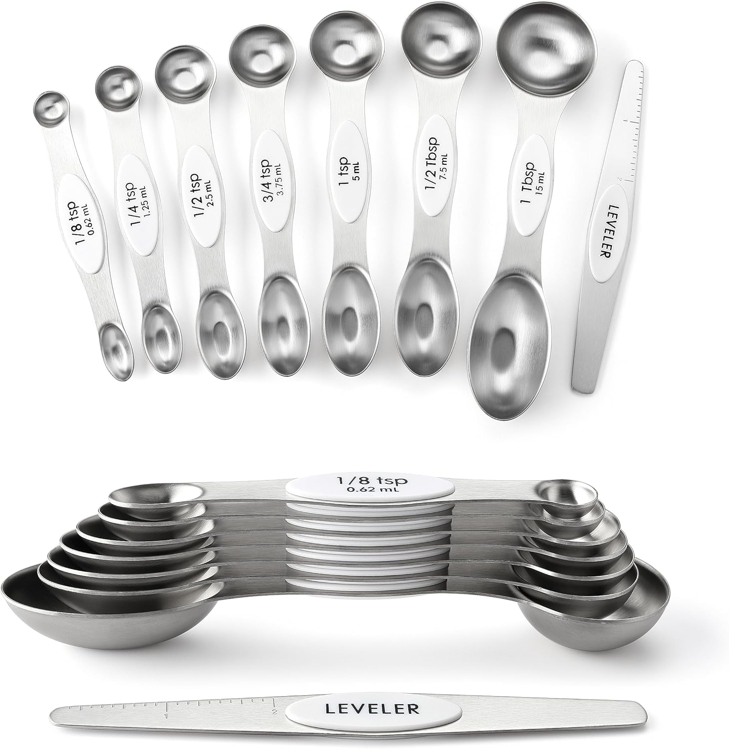 Spring Chef Magnetic Measuring Spoons Set with Strong N45 Magnets, Heavy Duty Stainless Steel Metal, Fits in Most Kitchen Spice Jars for Baking & Cooking, BPA Free, Black, Set of 8 with Leveler