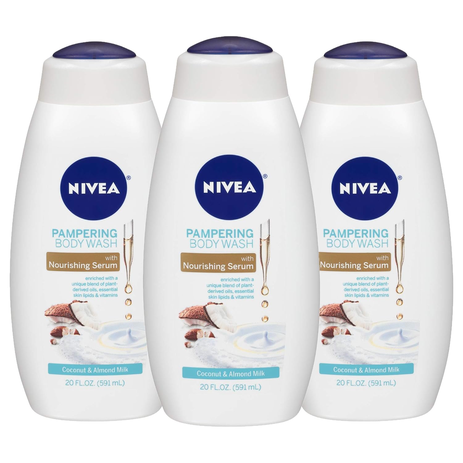 NIVEA Coconut and Almond Milk Pampering Body Wash, Moisturizing Body Wash with Nourishing Serum, Plant-Derived Oils, Essential Skin Lipids and Vitamins, 20 Fl Oz Bottle