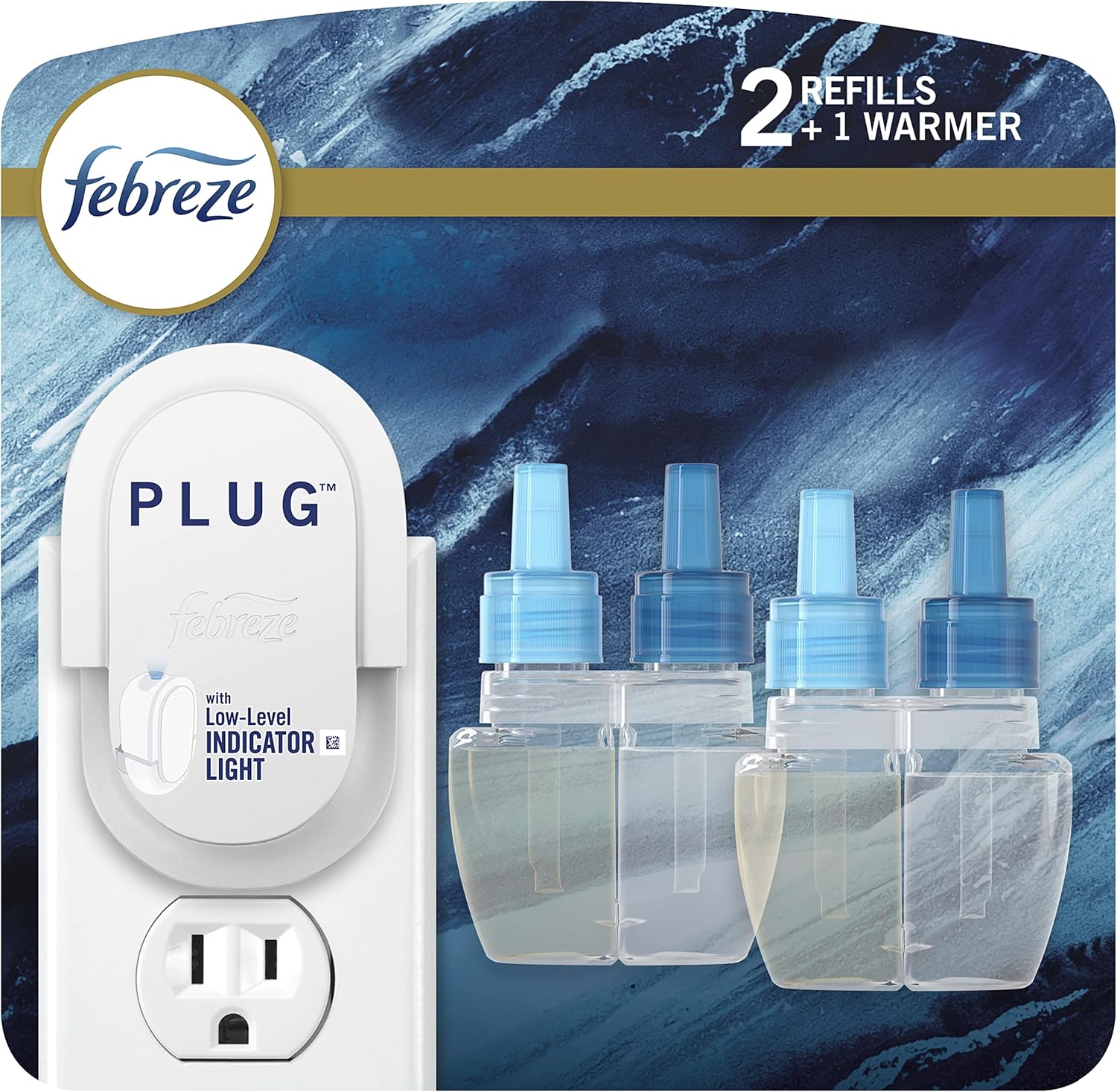 Febreze Plug in Air Fresheners for Home, Air Freshener Plug in, Wall Diffuser, Ocean Scent, Odor Fighter for Strong Odors, 1 Warmer + 2 Oil Refills