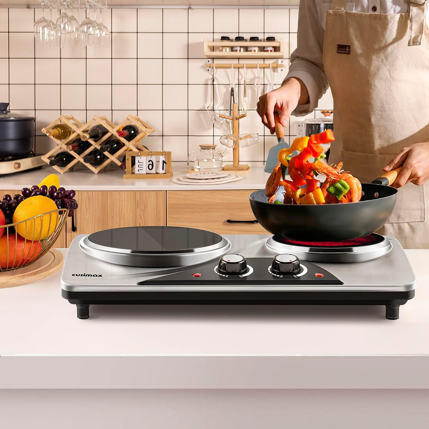 CUSIMAX Electric Hot Plate for Cooking Portable Single Burner 1500W Cast Iron hot plates Heat-up in Seconds Adjustable Temperature Control Stainless Steel Non-Slip Rubber Feet Upgraded Version B101