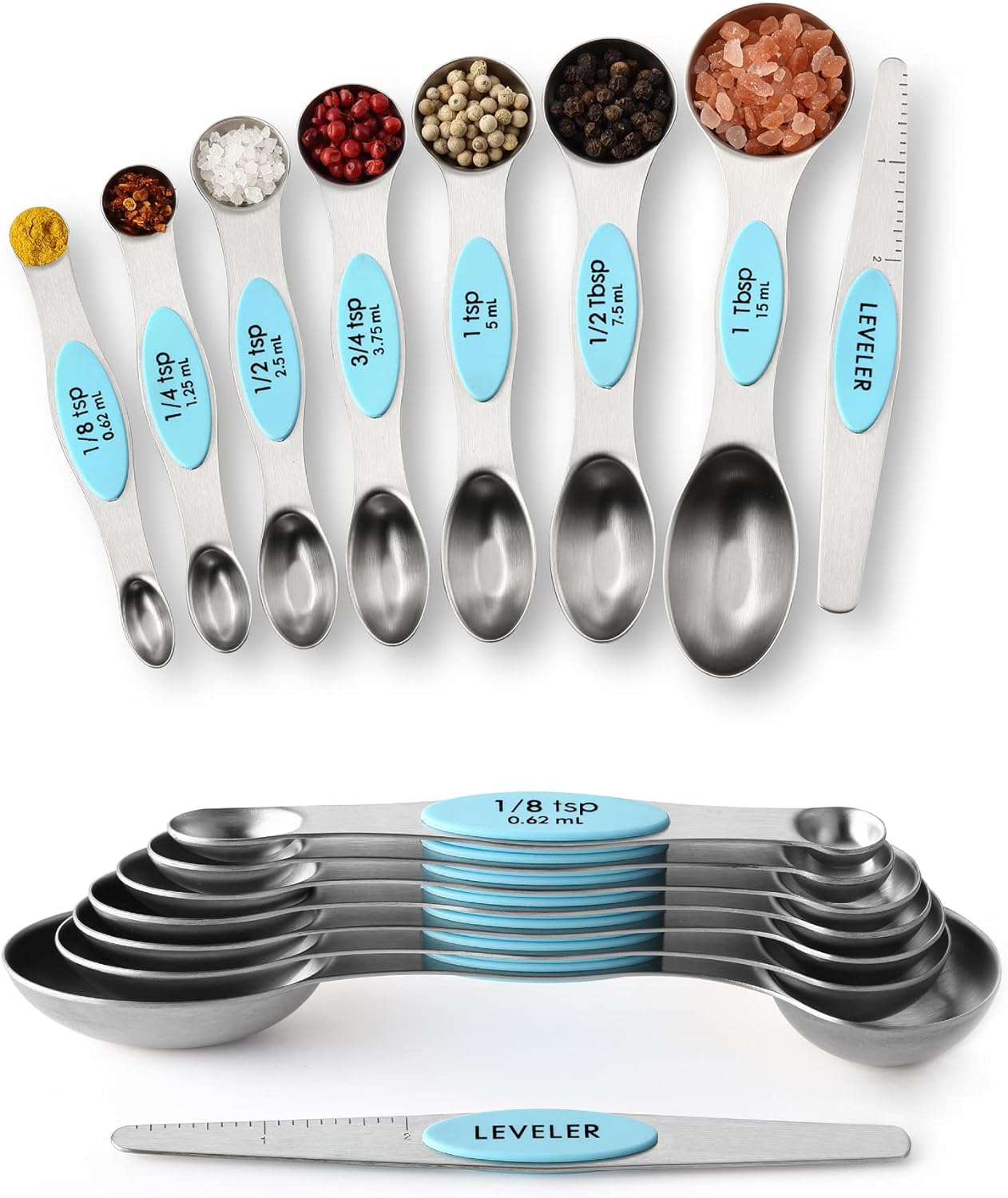 Spring Chef Magnetic Measuring Spoons Set with Strong N45 Magnets, Heavy Duty Stainless Steel Metal, Fits in Most Kitchen Spice Jars for Baking & Cooking, BPA Free, Black, Set of 8 with Leveler