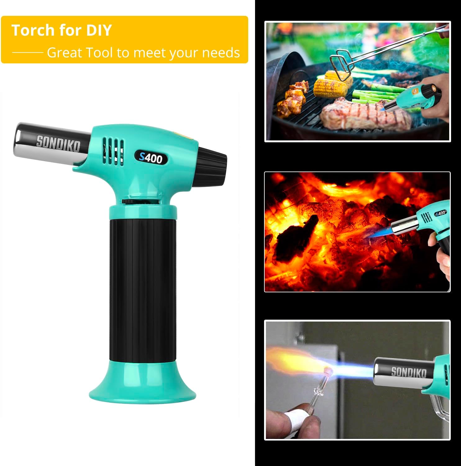 Sondiko Butane Torch S400, Refillable Kitchen Torch Lighter, Fit All Butane Tanks Blow Torch with Safety Lock and Adjustable Flame for Desserts, Creme Brulee, and Baking—Butane Gas Is Not Included