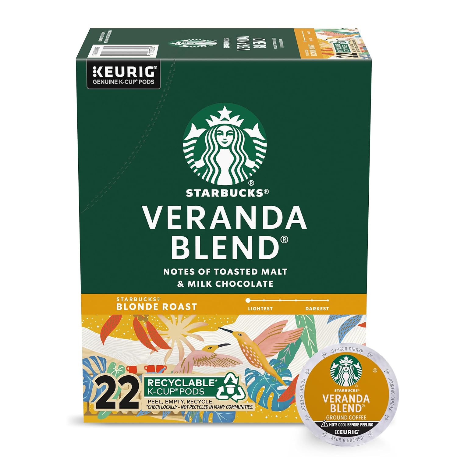 Starbucks K-Cup Coffee Pods, Starbucks Blonde Roast Coffee, Veranda Blend for Keurig Brewers, 100% Arabica, 6 boxes (60 pods total)