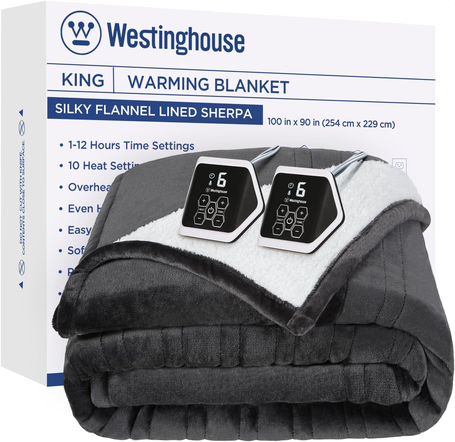 Westinghouse Heated Throw Blanket, Soft Flannel to Sherpa Electric Throw with 6 Heating Levels, 2-10 Hours Time Settings, Fast Heating, Machine Washable 50x60 Inch, Charcoal