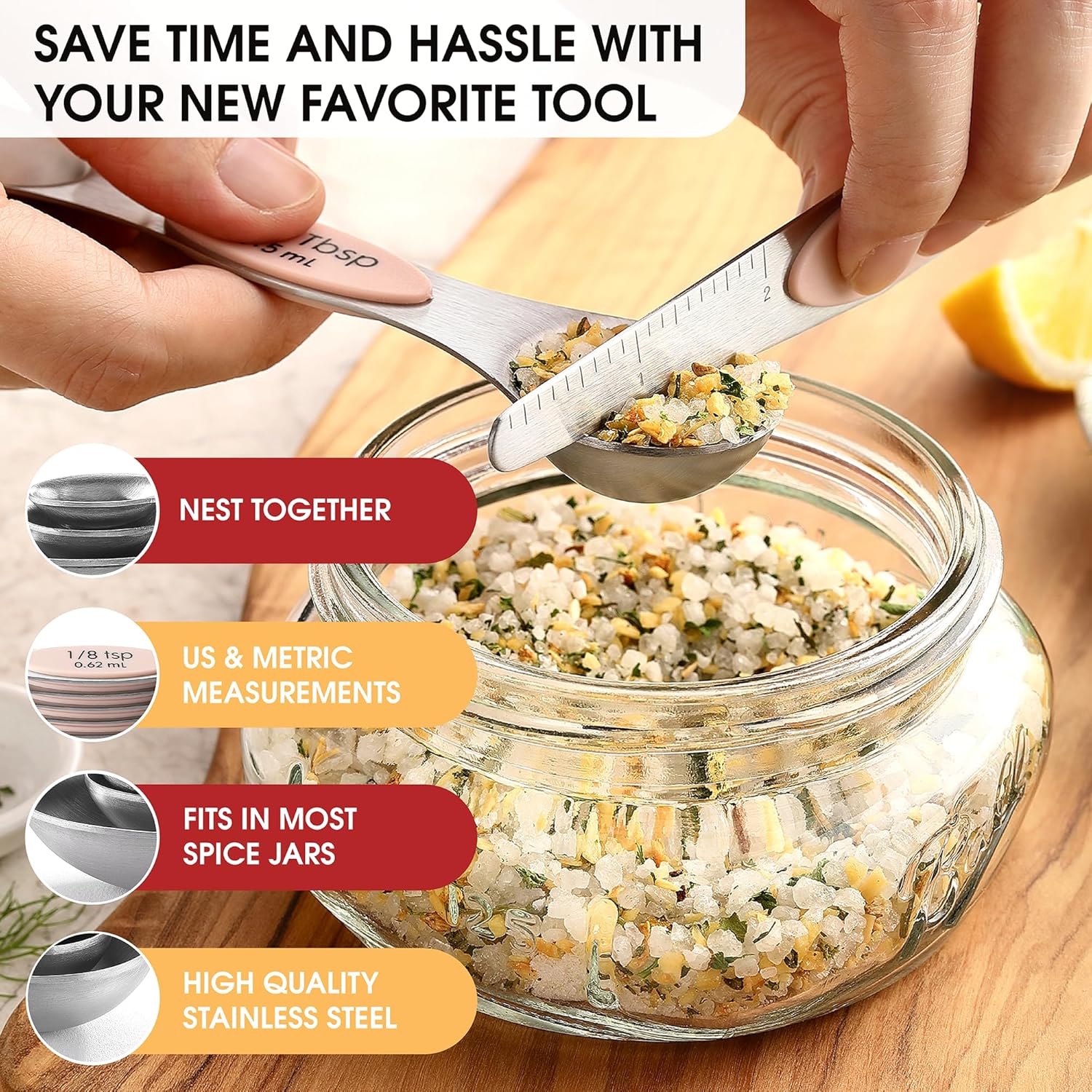 Spring Chef Magnetic Measuring Spoons Set with Strong N45 Magnets, Heavy Duty Stainless Steel Metal, Fits in Most Kitchen Spice Jars for Baking & Cooking, BPA Free, Black, Set of 8 with Leveler