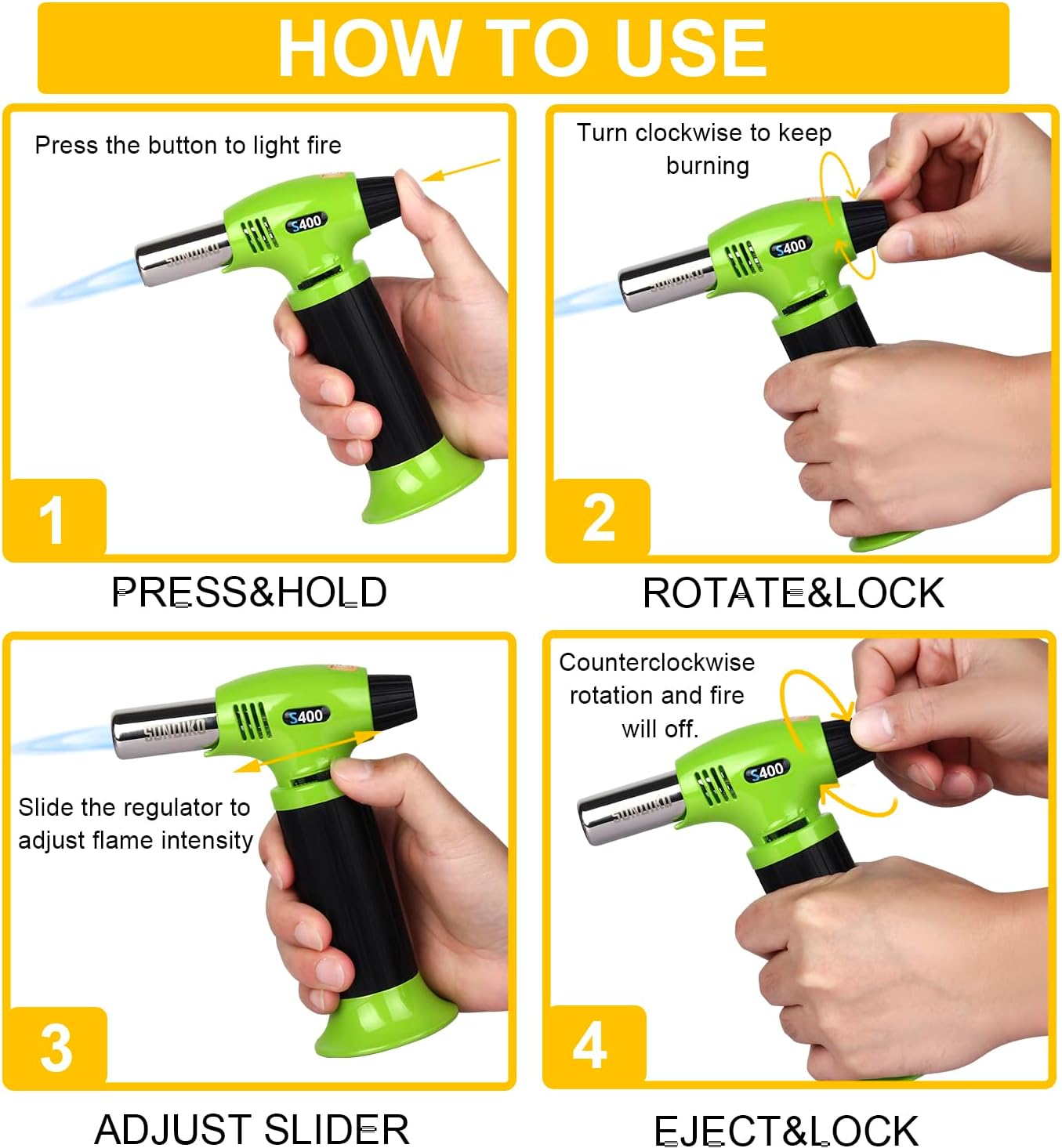 Sondiko Butane Torch S400, Refillable Kitchen Torch Lighter, Fit All Butane Tanks Blow Torch with Safety Lock and Adjustable Flame for Desserts, Creme Brulee, and Baking—Butane Gas Is Not Included