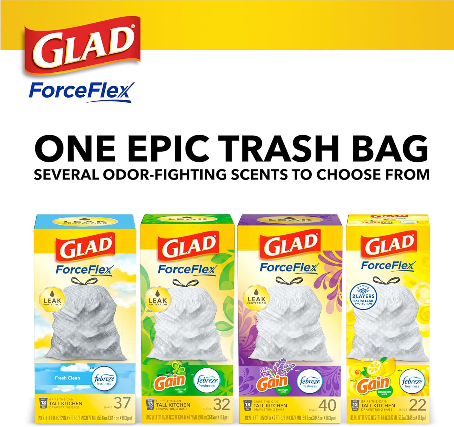 Glad Tall Kitchen Drawstring Trash Bags - Odorshield 13 Gallon White Trash Bag, Febreze Fresh Clean, 110 Count
