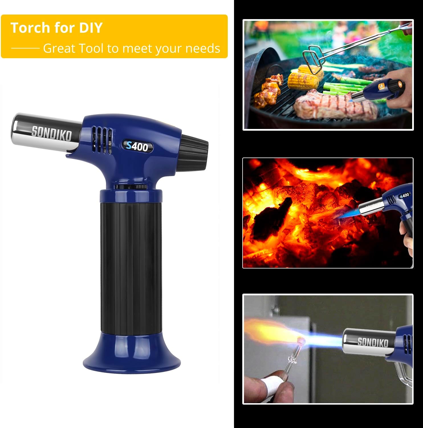 Sondiko Butane Torch S400, Refillable Kitchen Torch Lighter, Fit All Butane Tanks Blow Torch with Safety Lock and Adjustable Flame for Desserts, Creme Brulee, and Baking—Butane Gas Is Not Included