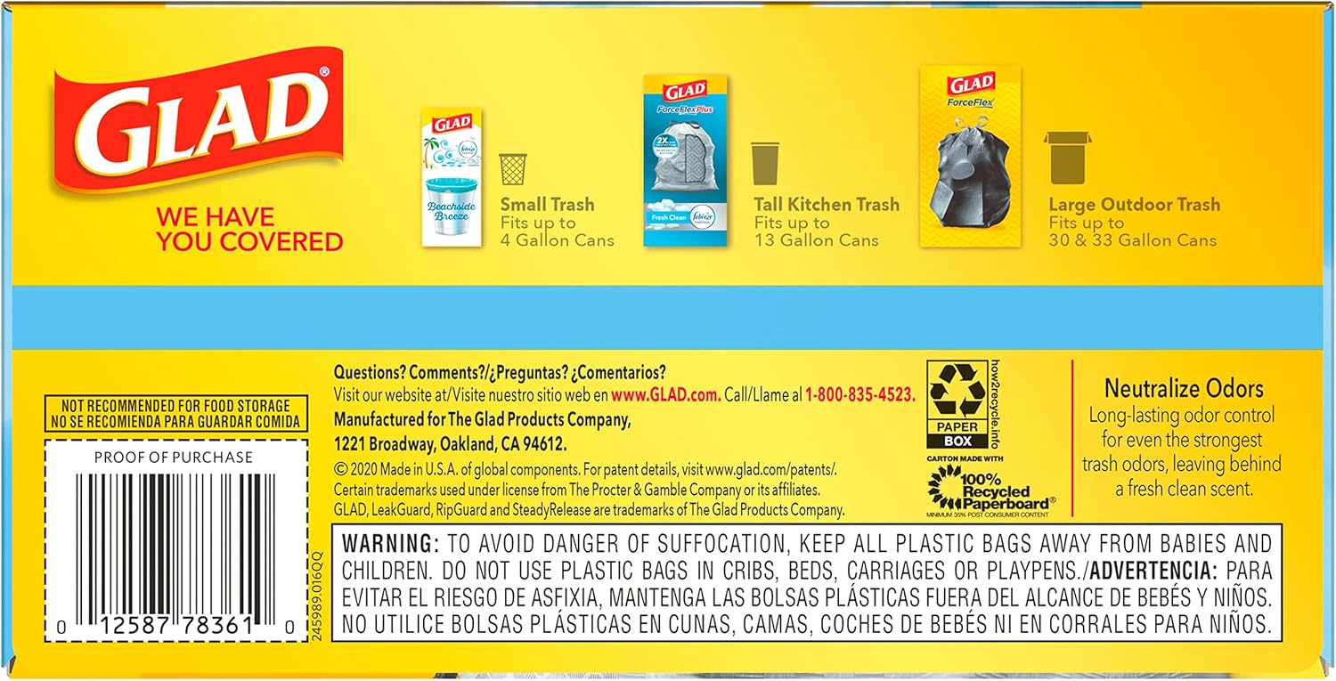 Glad Tall Kitchen Drawstring Trash Bags - Odorshield 13 Gallon White Trash Bag, Febreze Fresh Clean, 110 Count