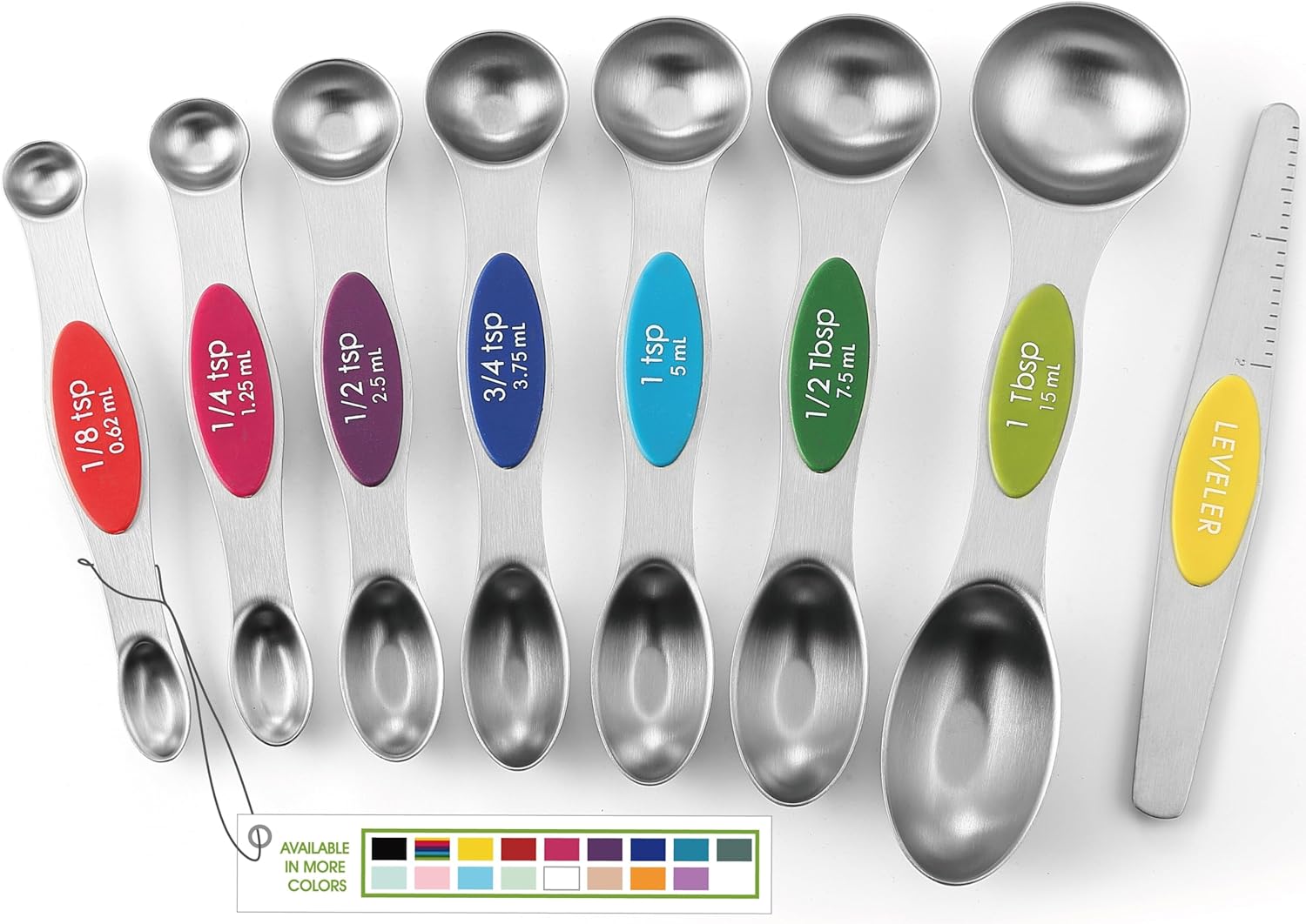 Spring Chef Magnetic Measuring Spoons Set with Strong N45 Magnets, Heavy Duty Stainless Steel Metal, Fits in Most Kitchen Spice Jars for Baking & Cooking, BPA Free, Black, Set of 8 with Leveler