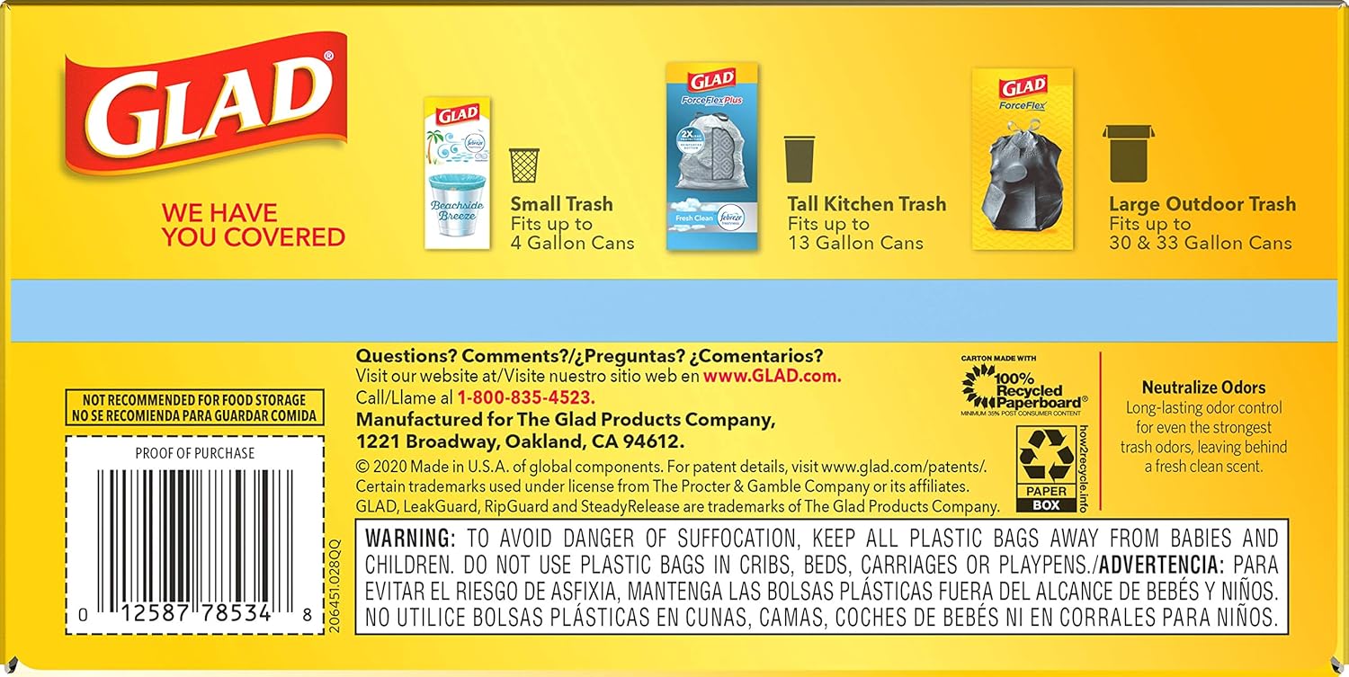 Glad Tall Kitchen Drawstring Trash Bags - Odorshield 13 Gallon White Trash Bag, Febreze Fresh Clean, 110 Count