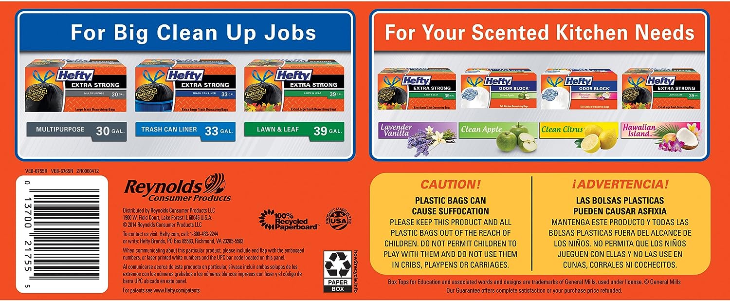 Hefty Strong Tall Kitchen Trash Bags, Unscented, 13 Gallon, 90 Count, White,Packaging may vary