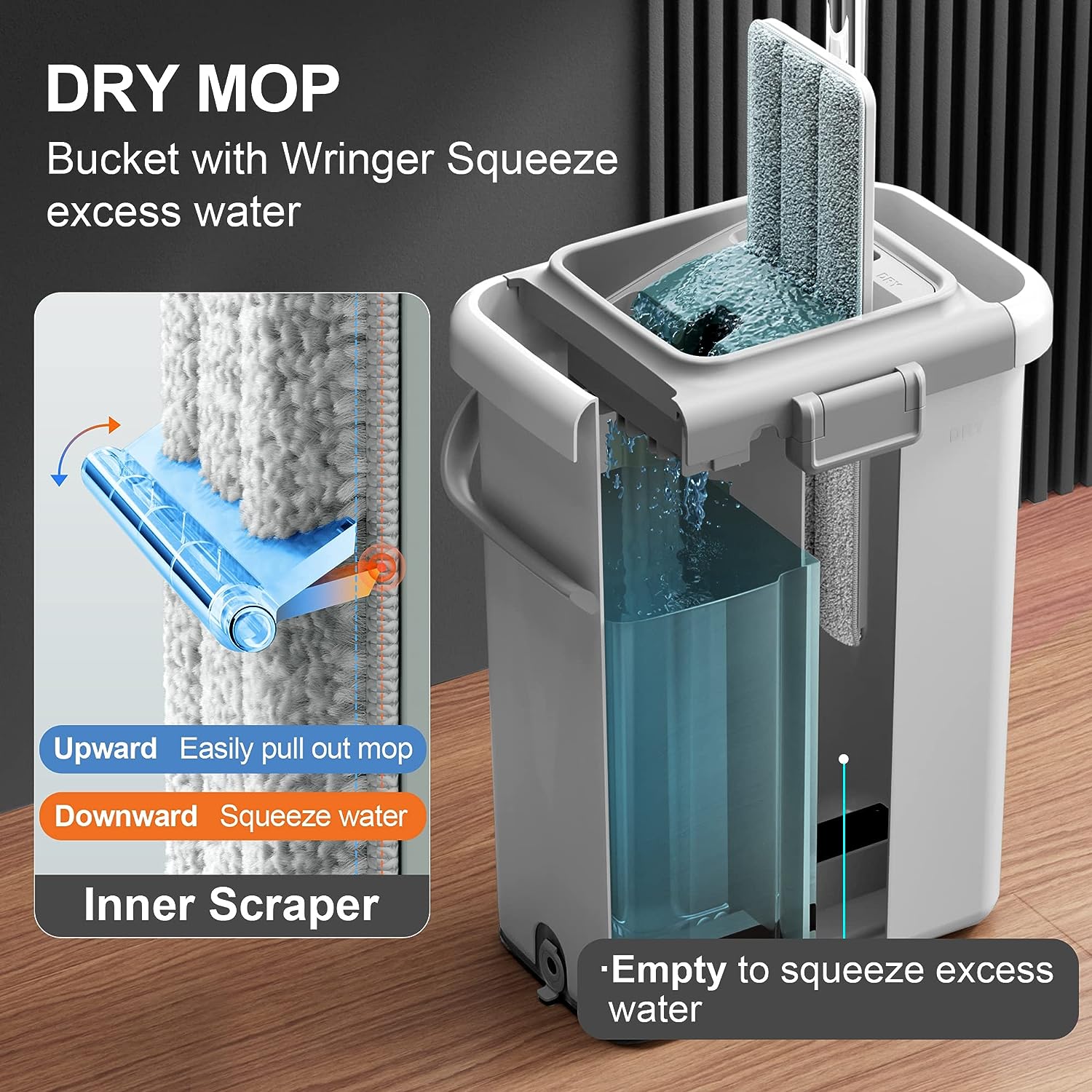 JOYMOOP mop and bucket with Wringer Set, Flat ,for floor cleaning with 3 Microfiber Pads, Wet and Dry Use, Household cleaning Tools, for Hardwood, Laminate, Tile