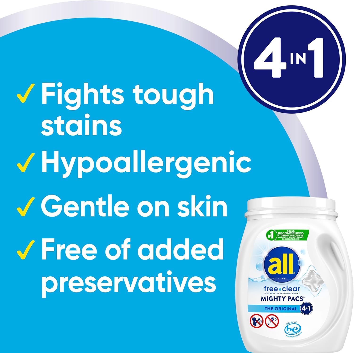 All Mighty Pacs Laundry Detergent, Free Clear for Sensitive Skin, Tub, 60 Count