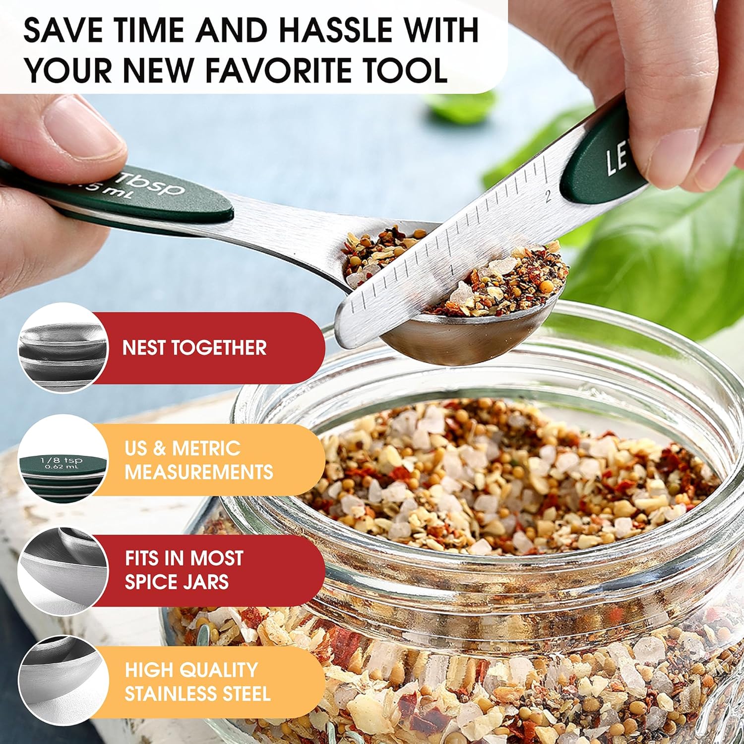 Spring Chef Magnetic Measuring Spoons Set with Strong N45 Magnets, Heavy Duty Stainless Steel Metal, Fits in Most Kitchen Spice Jars for Baking & Cooking, BPA Free, Black, Set of 8 with Leveler