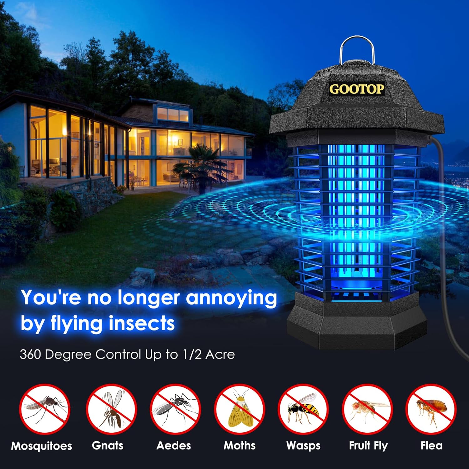 GOOTOP Bug Zapper Outdoor, Mosquito Zapper Outdoor, Electric Fly Zapper,Fly Traps, Mosquito Killer, 3 Prong Plug,Flying Insects Zapper Outdoor 90-130V, ABS Plastic Outer (Black)