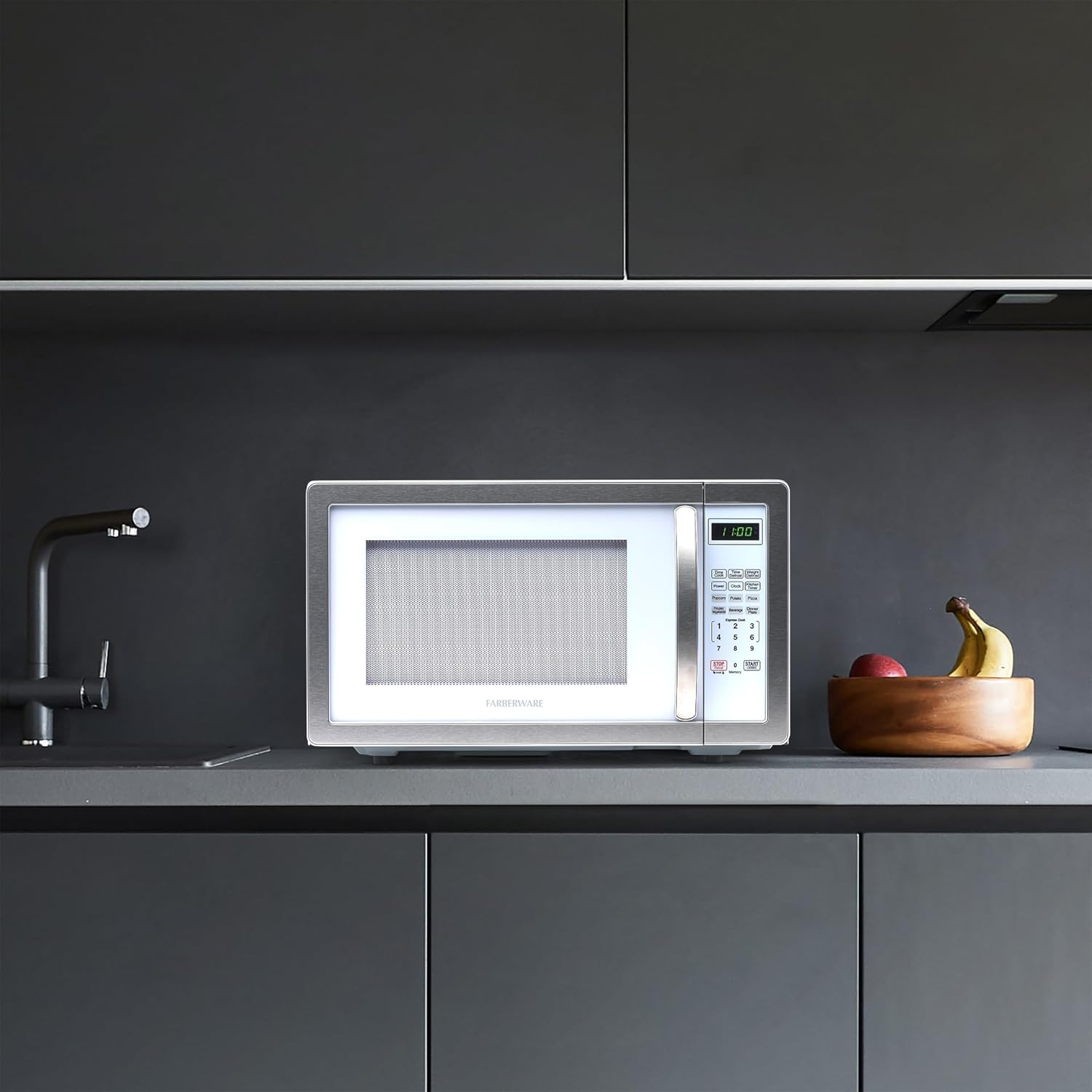 Farberware Countertop Microwave 1000 Watts, 1.1 cu ft - Microwave Oven With LED Lighting and Child Lock - Perfect for Apartments and Dorms - Easy Clean Stainless Steel