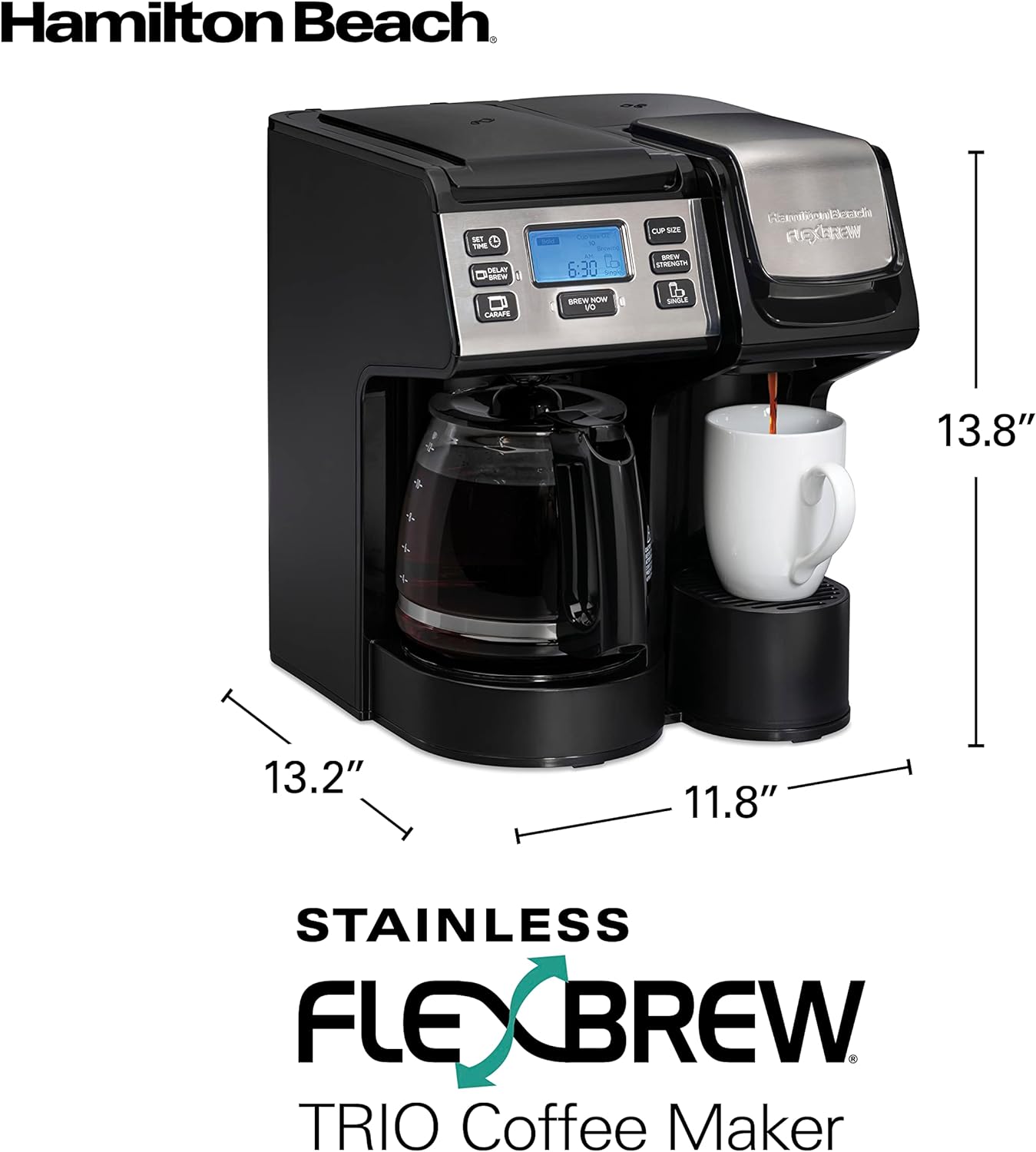 Hamilton Beach FlexBrew Trio 2-Way Coffee Maker, Compatible with K-Cup Pods or Grounds, Combo, Single Serve & Full 12c Pot, Black - Fast Brewing (49902)
