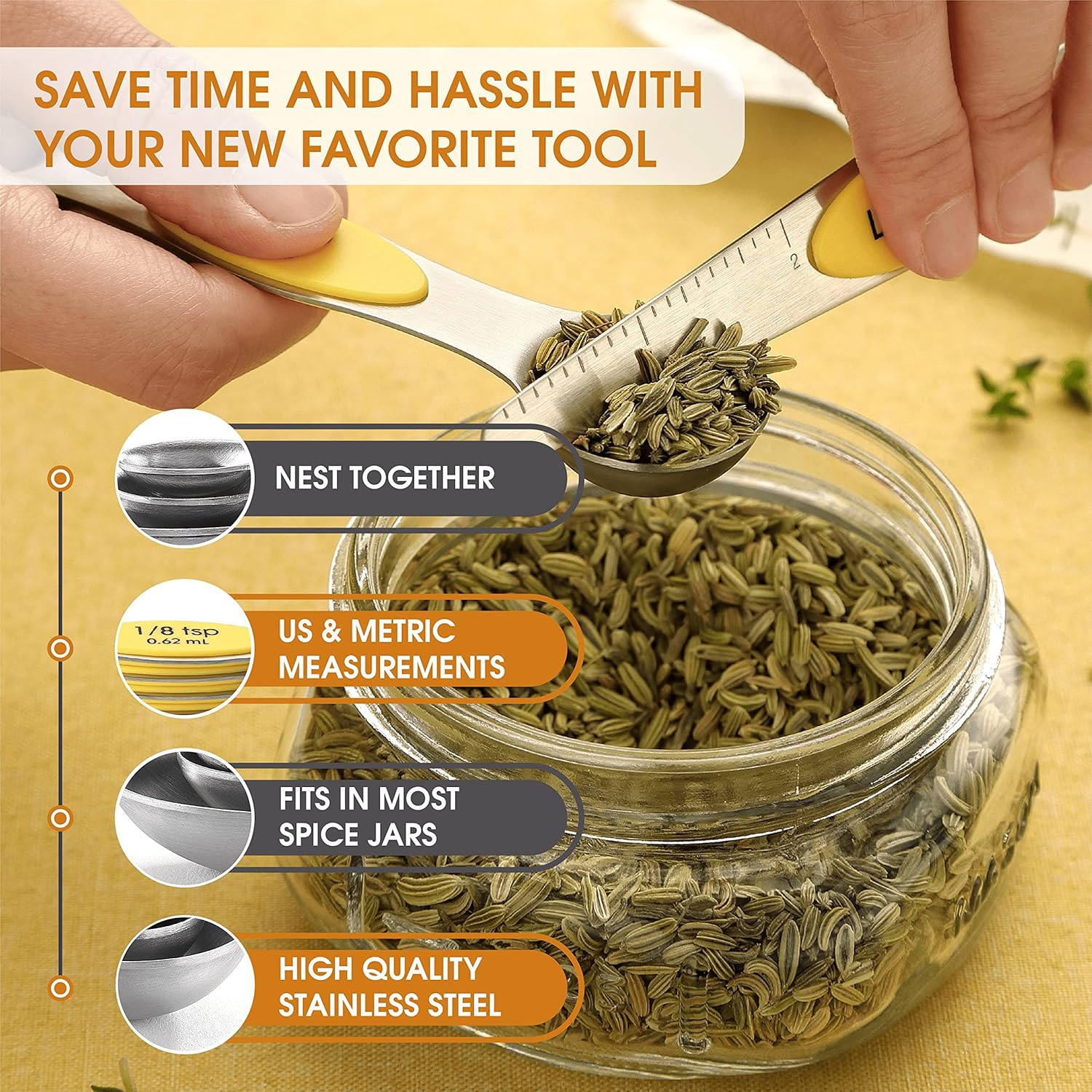 Spring Chef Magnetic Measuring Spoons Set with Strong N45 Magnets, Heavy Duty Stainless Steel Metal, Fits in Most Kitchen Spice Jars for Baking & Cooking, BPA Free, Black, Set of 8 with Leveler