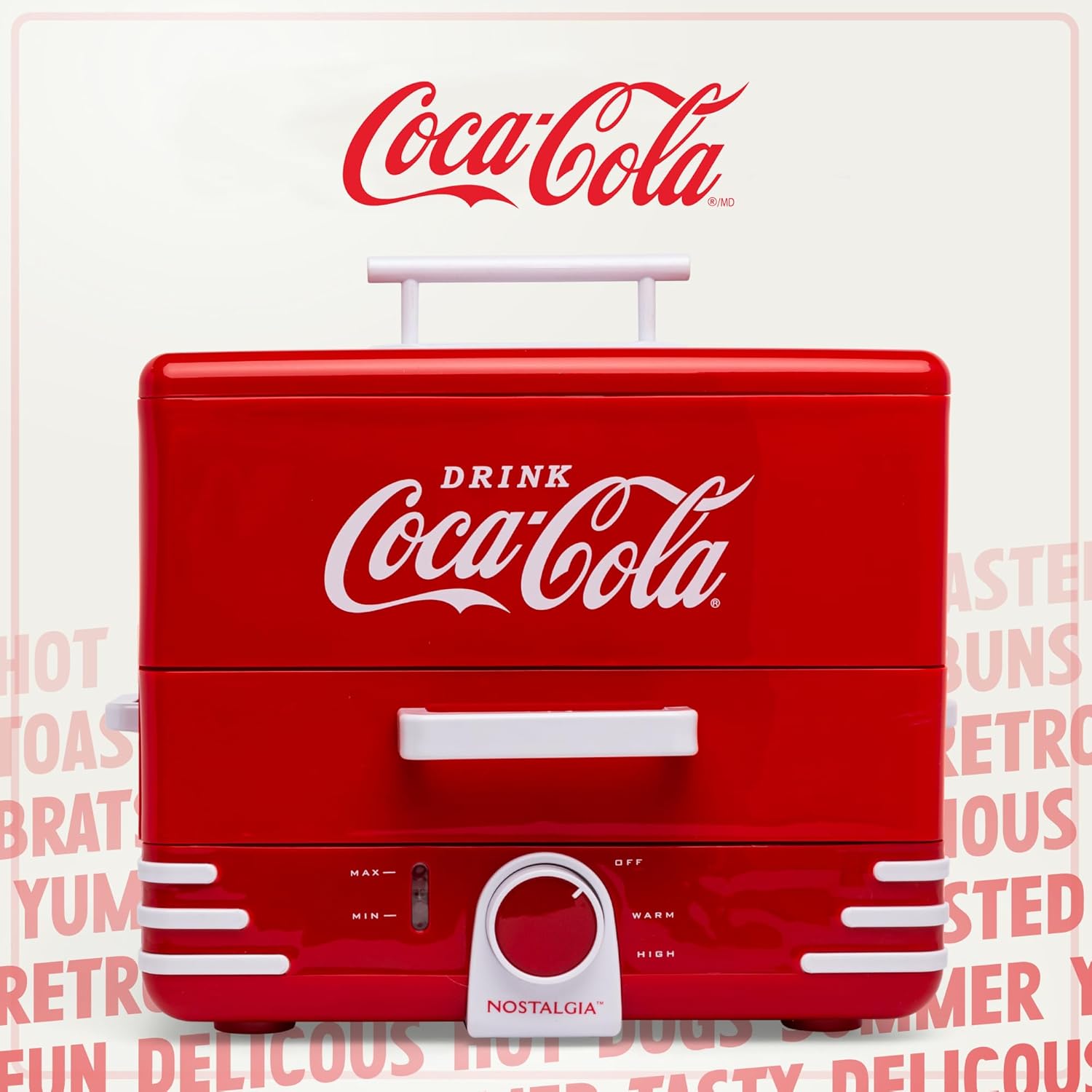 Nostalgia Extra Large Diner-Style Coca-Cola Hot Dog Steamer and Bun Warmer, 24 Hot Dog and 12 Bun Capacity, Steam Bratwursts, Sausages, Vegetables, Fish, Dumplings, Red