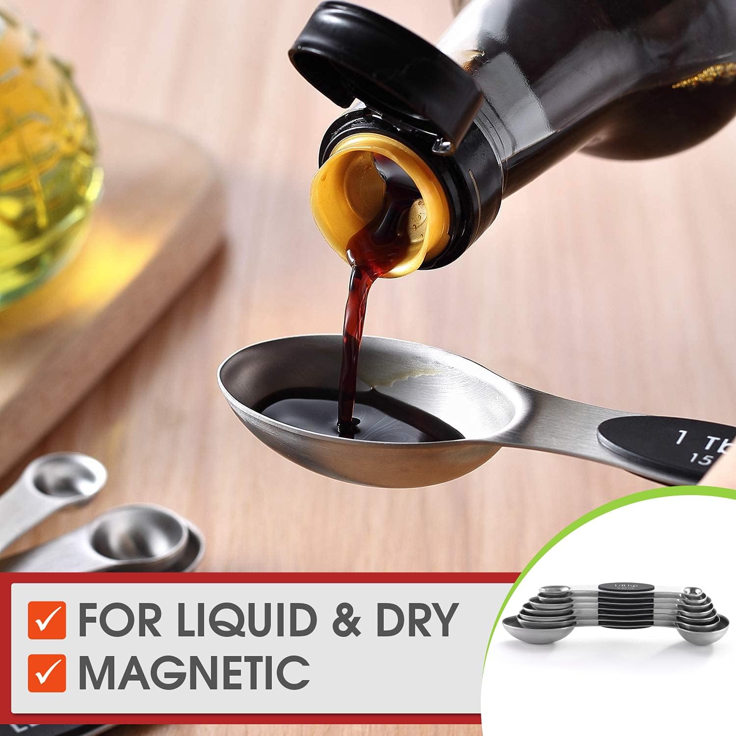 Spring Chef Magnetic Measuring Spoons Set with Strong N45 Magnets, Heavy Duty Stainless Steel Metal, Fits in Most Kitchen Spice Jars for Baking & Cooking, BPA Free, Black, Set of 8 with Leveler