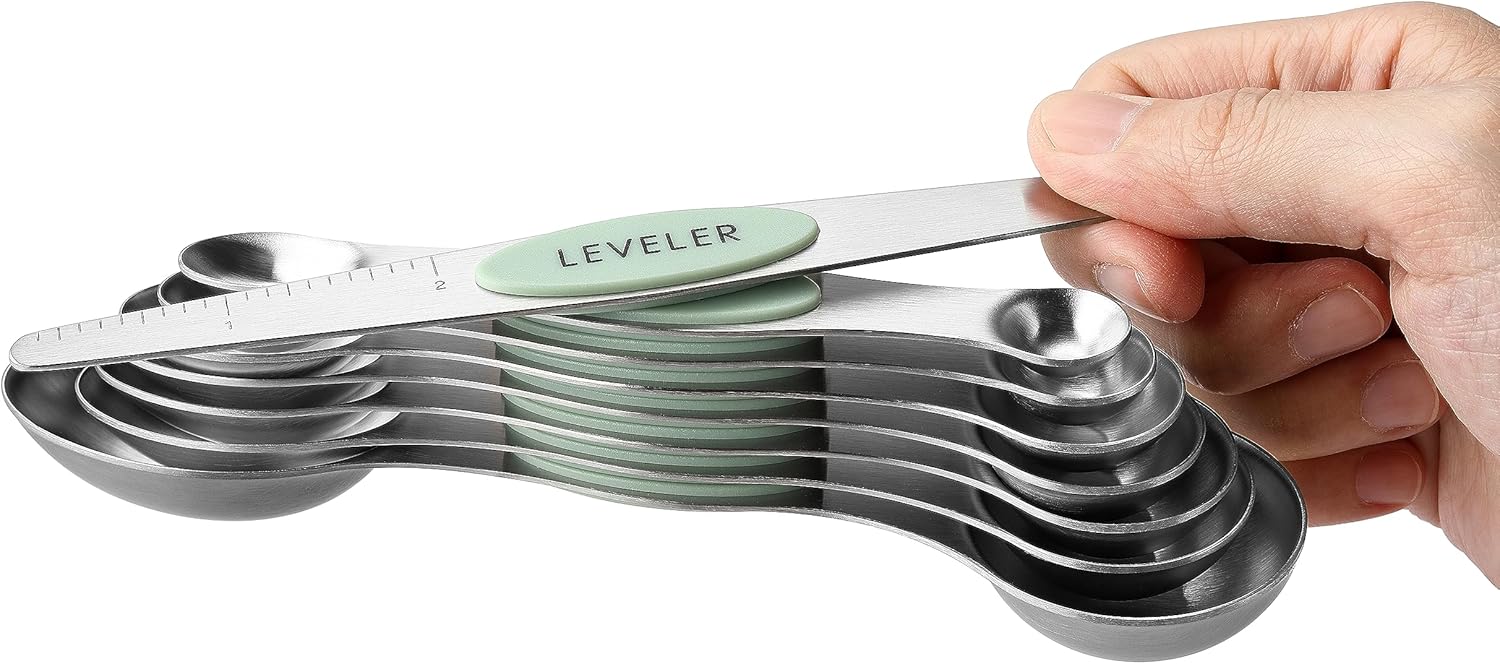 Spring Chef Magnetic Measuring Spoons Set with Strong N45 Magnets, Heavy Duty Stainless Steel Metal, Fits in Most Kitchen Spice Jars for Baking & Cooking, BPA Free, Black, Set of 8 with Leveler