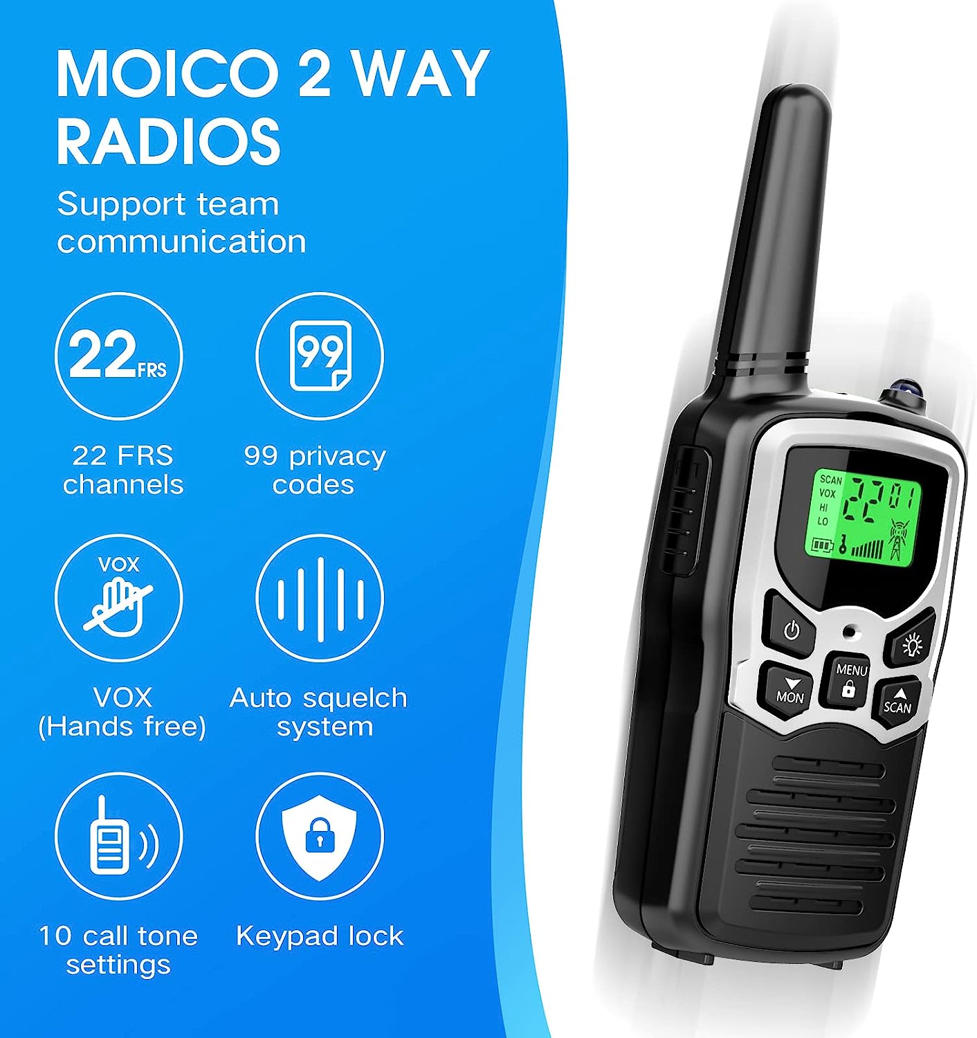 Walkie Talkies, MOICO Long Range Walkie Talkies for Adults with 22 FRS Channels, Family Walkie Talkie with LED Flashlight VOX LCD Display for Hiking Camping Trip (Orange 2 Pack)