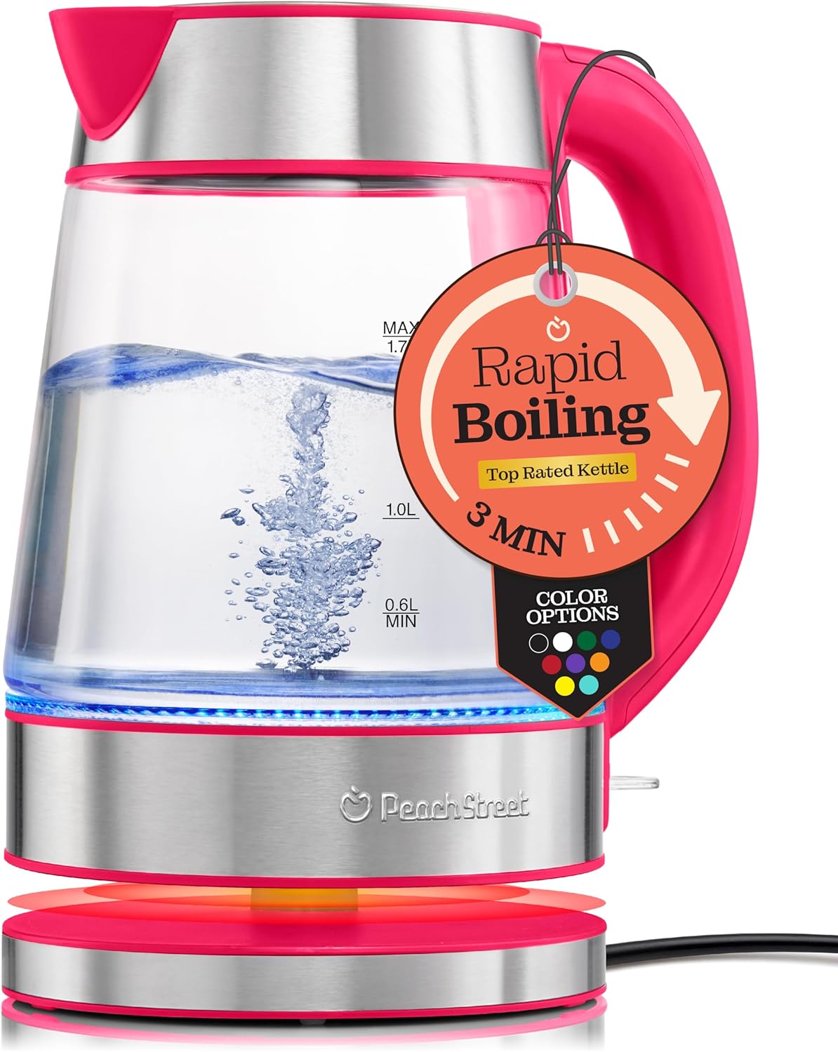 Speed-Boil Electric Kettle For Coffee & Tea - 1.7L Water Boiler 1500W, Borosilicate Glass, Easy Clean Wide Opening, Auto Shut-Off, Cool Touch Handle, LED Light. 360° Rotation, Boil Dry Protection