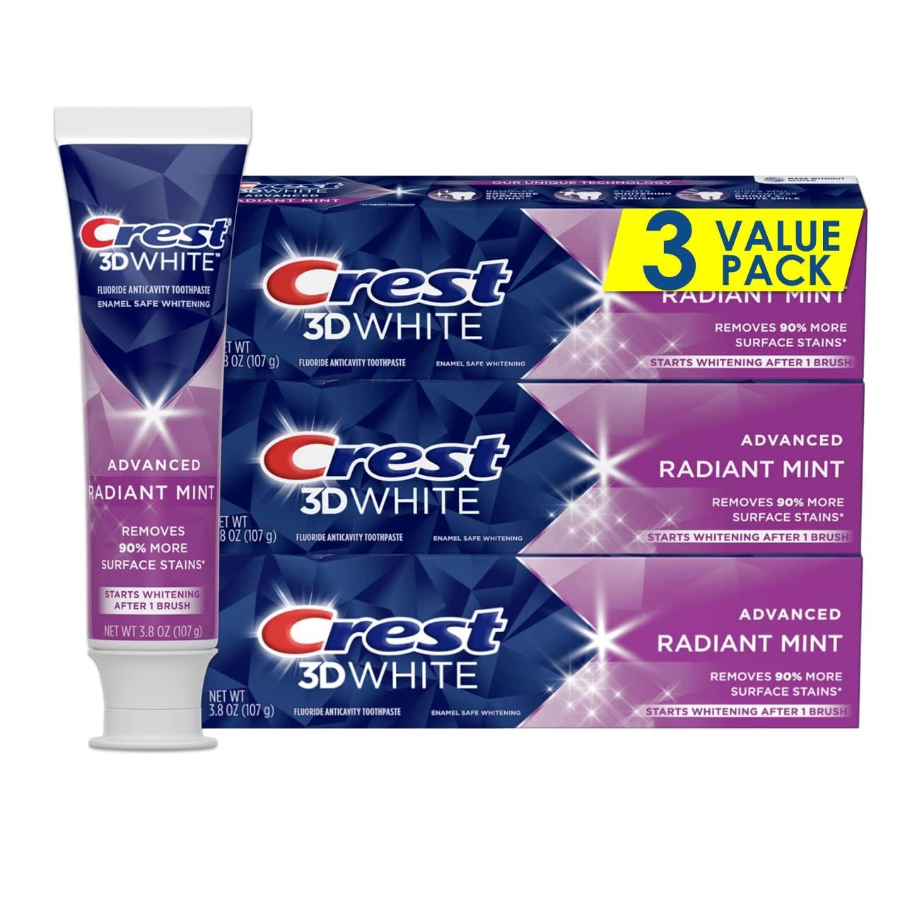 Crest 3D White Advanced Luminous Mint Teeth Whitening Toothpaste, 3.7 oz Pack of 4 - Helps Remove Surface Stains, Whitens Teeth, Strengthens Tooth Enamel, Protects Against Cavities