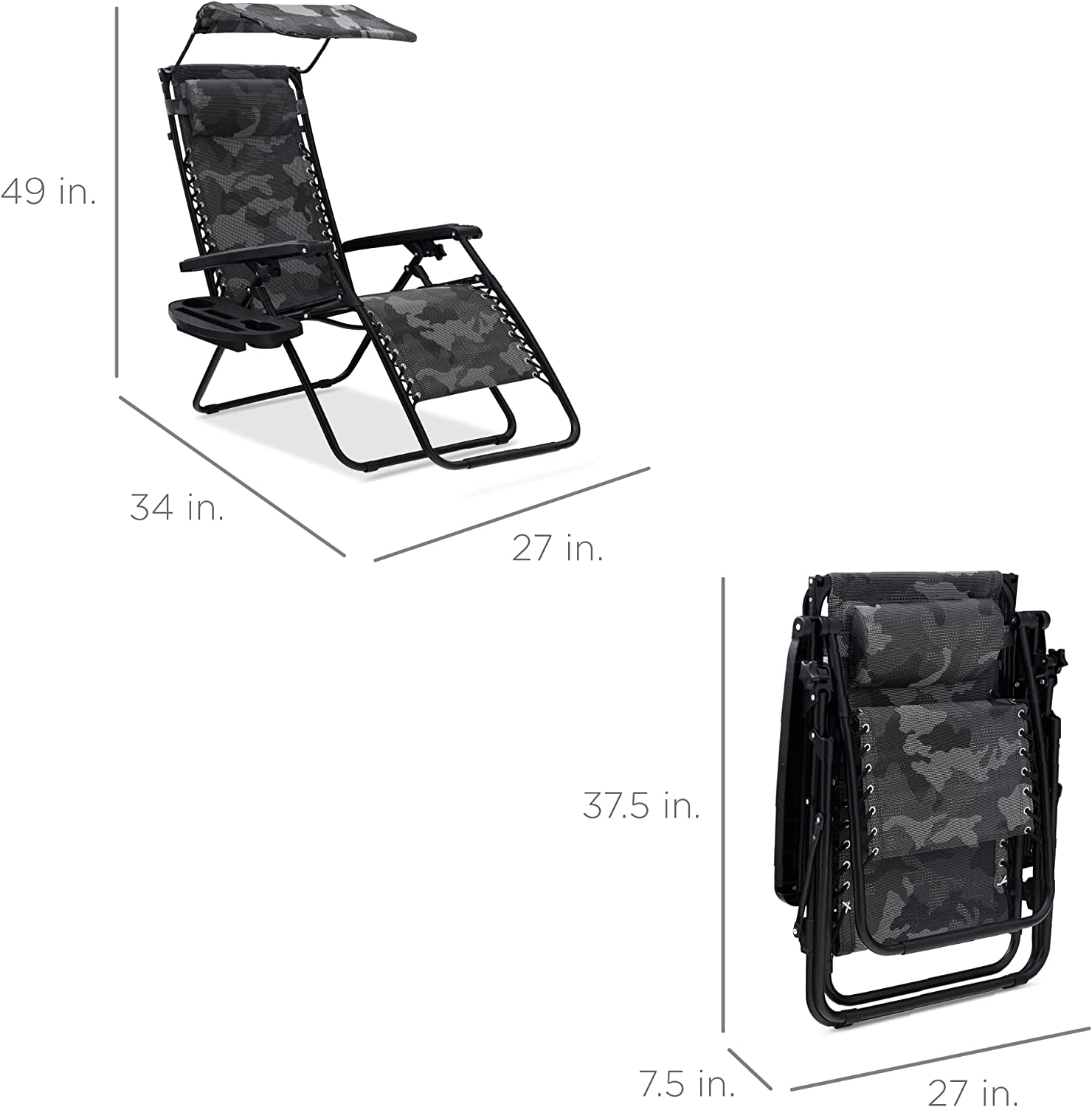 Folding Zero Gravity Outdoor Recliner Patio Lounge Chair w/Adjustable Canopy Shade, Headrest, Side Accessory Tray, Textilene Mesh - Beige