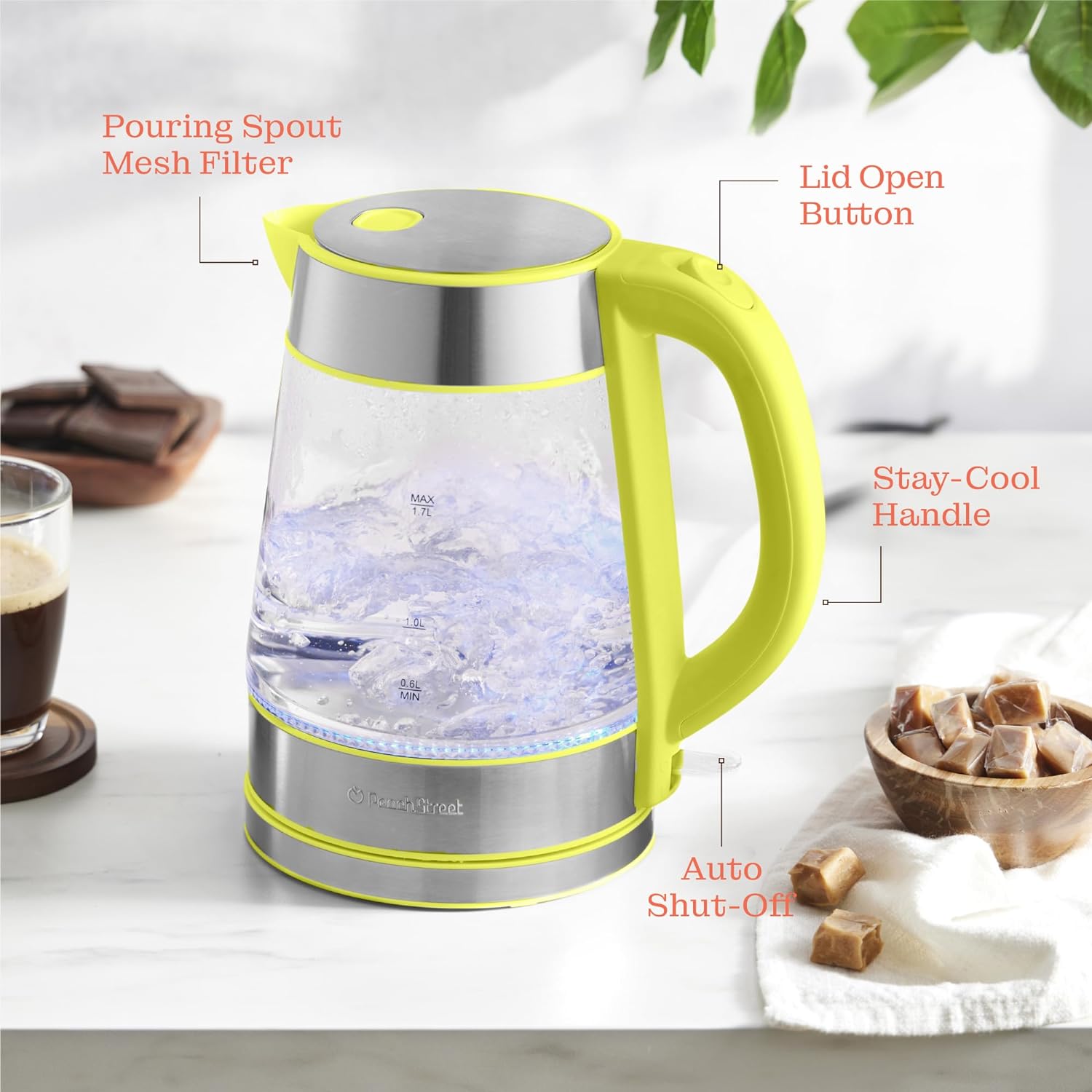 Speed-Boil Electric Kettle For Coffee & Tea - 1.7L Water Boiler 1500W, Borosilicate Glass, Easy Clean Wide Opening, Auto Shut-Off, Cool Touch Handle, LED Light. 360° Rotation, Boil Dry Protection