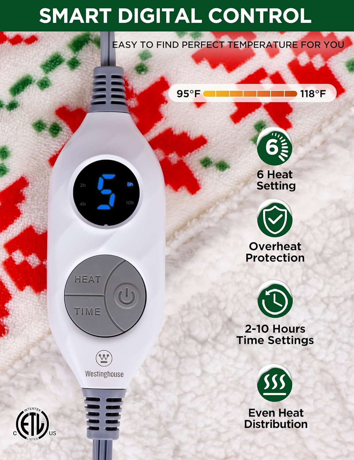 Westinghouse Heated Throw Blanket, Electric Blanket Throw with 6 Heating Levels and 2-10 Hours Time Settings, Flannel to Sherpa Super Cozy Heated Blanket Machine Washable, 50x60 inch, Charcoal