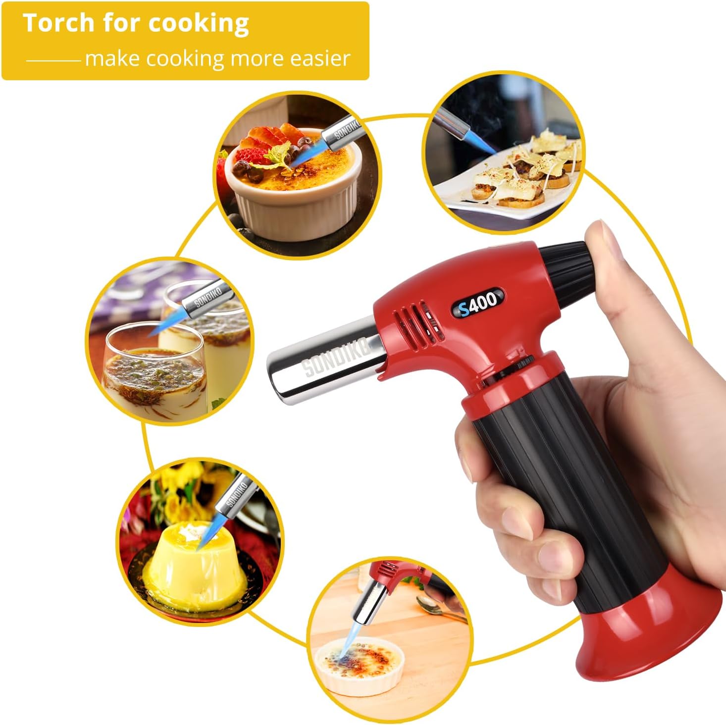 Sondiko Butane Torch S400, Refillable Kitchen Torch Lighter, Fit All Butane Tanks Blow Torch with Safety Lock and Adjustable Flame for Desserts, Creme Brulee, and Baking—Butane Gas Is Not Included