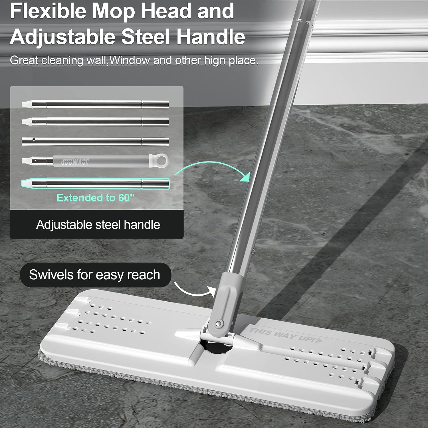 JOYMOOP mop and bucket with Wringer Set, Flat ,for floor cleaning with 3 Microfiber Pads, Wet and Dry Use, Household cleaning Tools, for Hardwood, Laminate, Tile