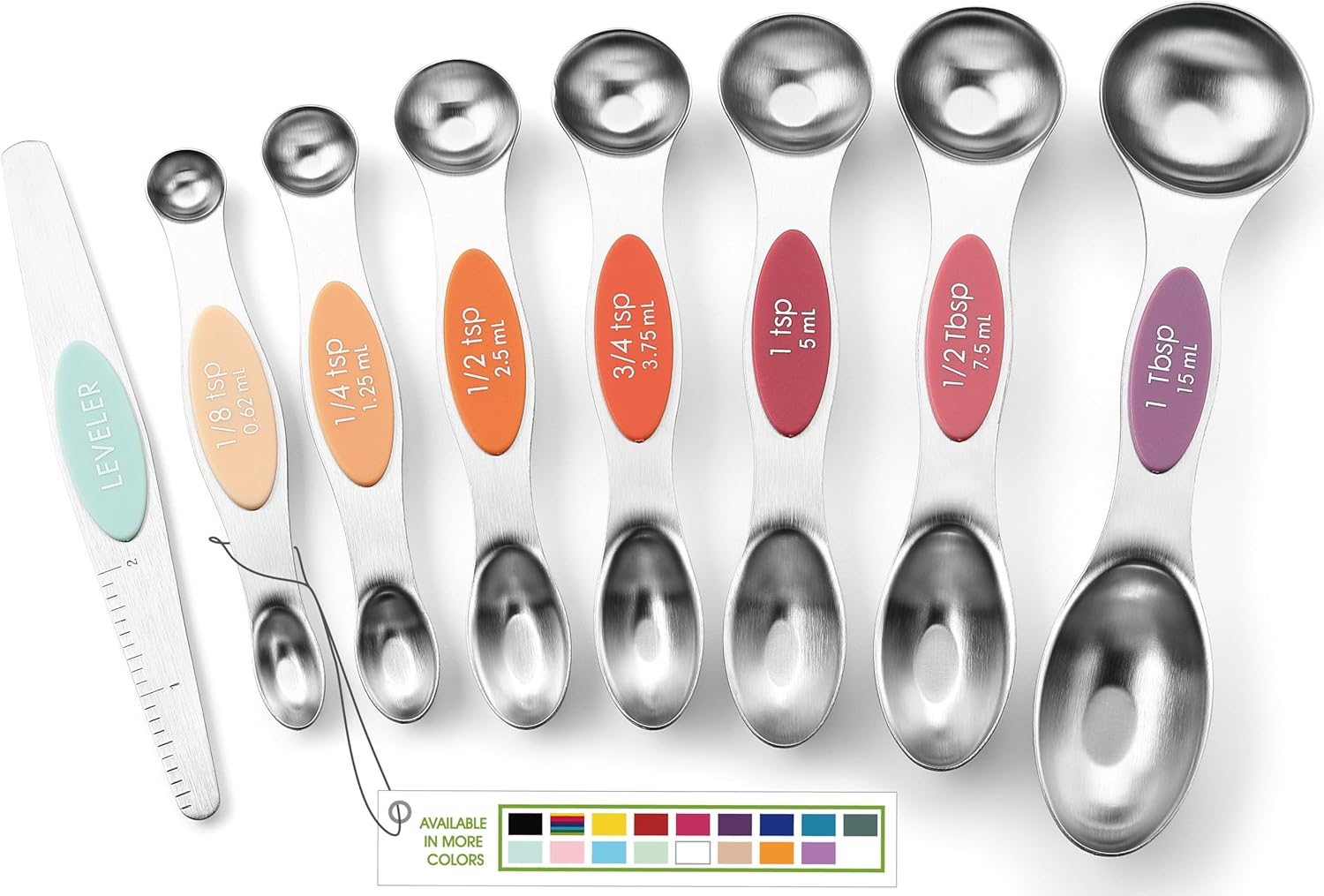 Spring Chef Magnetic Measuring Spoons Set with Strong N45 Magnets, Heavy Duty Stainless Steel Metal, Fits in Most Kitchen Spice Jars for Baking & Cooking, BPA Free, Black, Set of 8 with Leveler