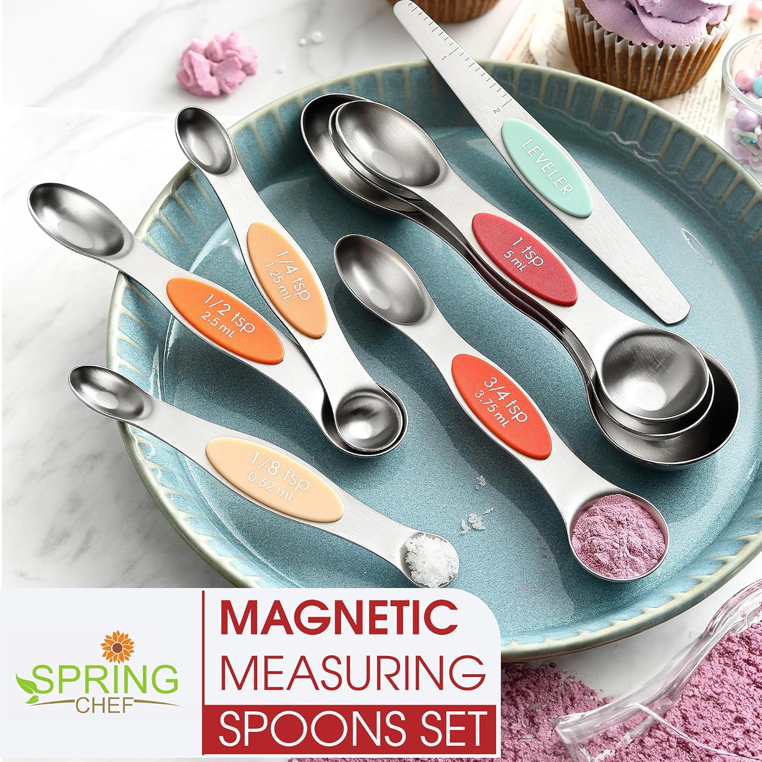 Spring Chef Magnetic Measuring Spoons Set with Strong N45 Magnets, Heavy Duty Stainless Steel Metal, Fits in Most Kitchen Spice Jars for Baking & Cooking, BPA Free, Black, Set of 8 with Leveler