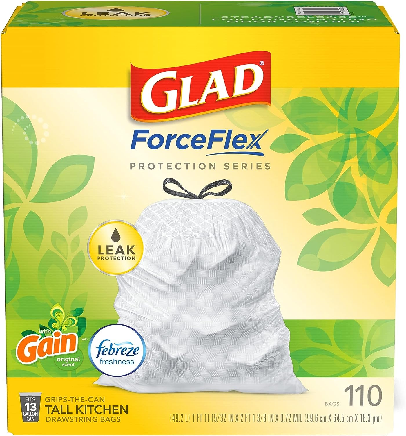 Glad Protection Series Force Flex Drawstring Gain Original Odor Shield 13 Gallon 1/110ct