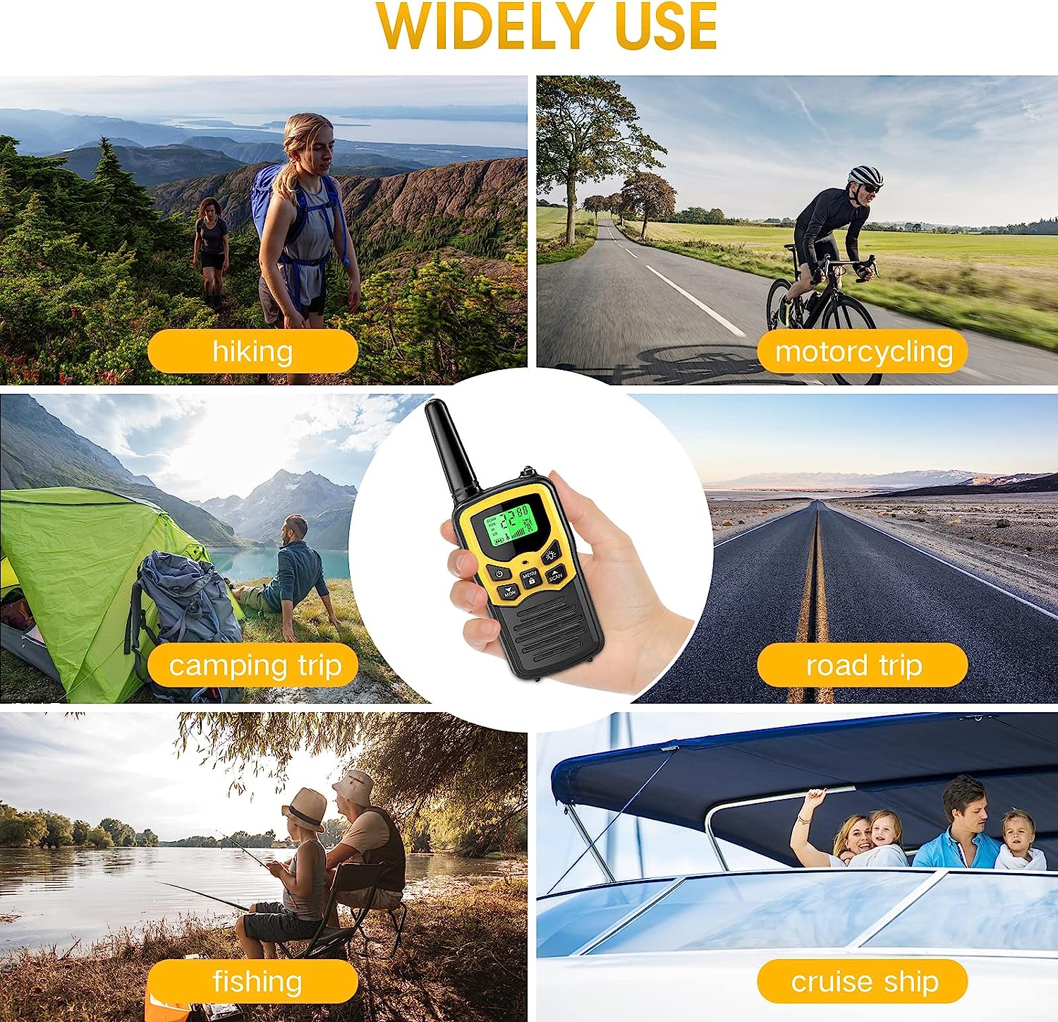 Walkie Talkies, MOICO Long Range Walkie Talkies for Adults with 22 FRS Channels, Family Walkie Talkie with LED Flashlight VOX LCD Display for Hiking Camping Trip (Orange 2 Pack)