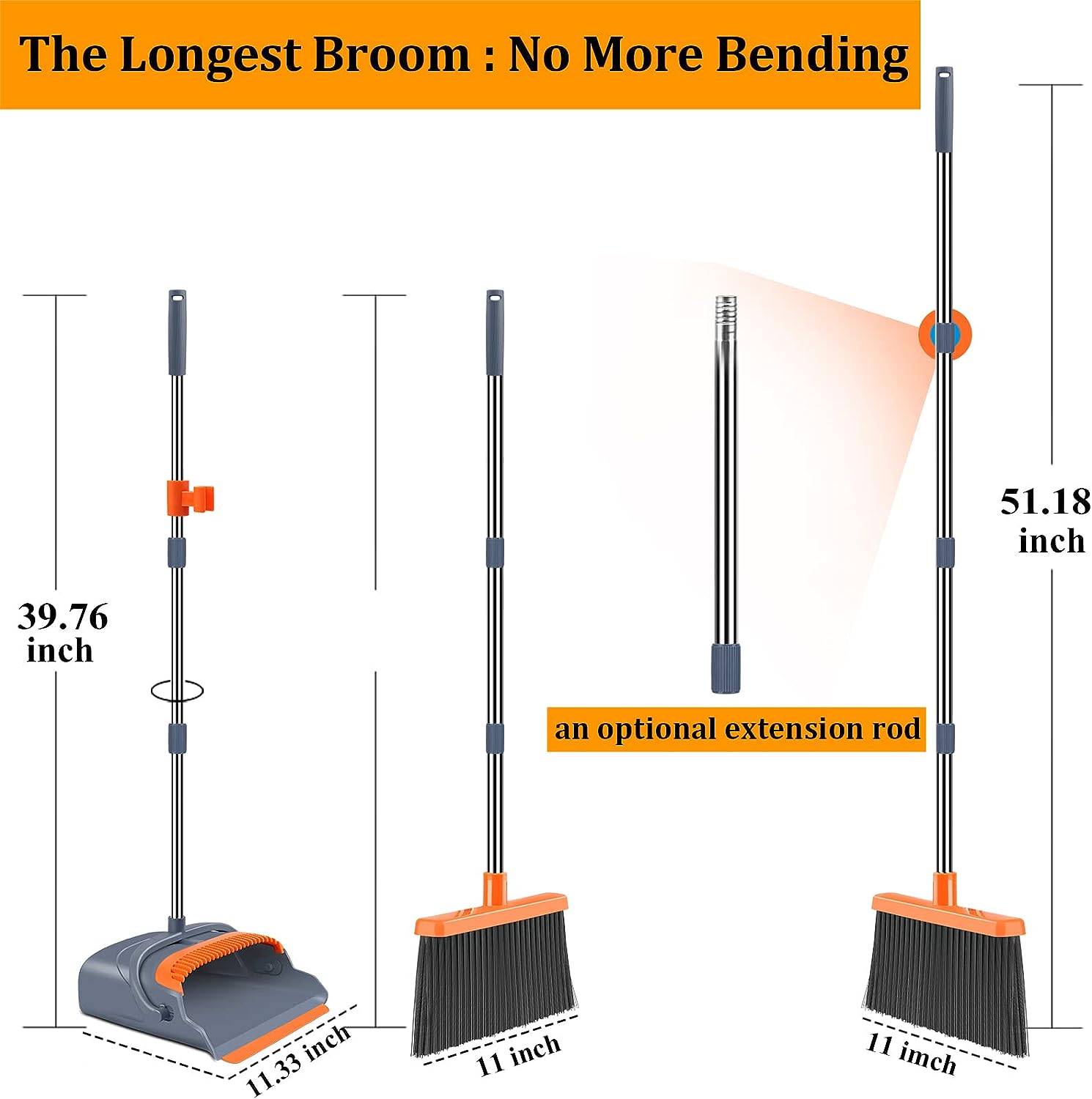 kelamayi Upgrade Stand Up Broom and Dustpan Set, Self-Cleaning with Dustpan Teeth, Ideal for Dog Cat Pets Home Use, Super Long Handle (Gray&Orange)