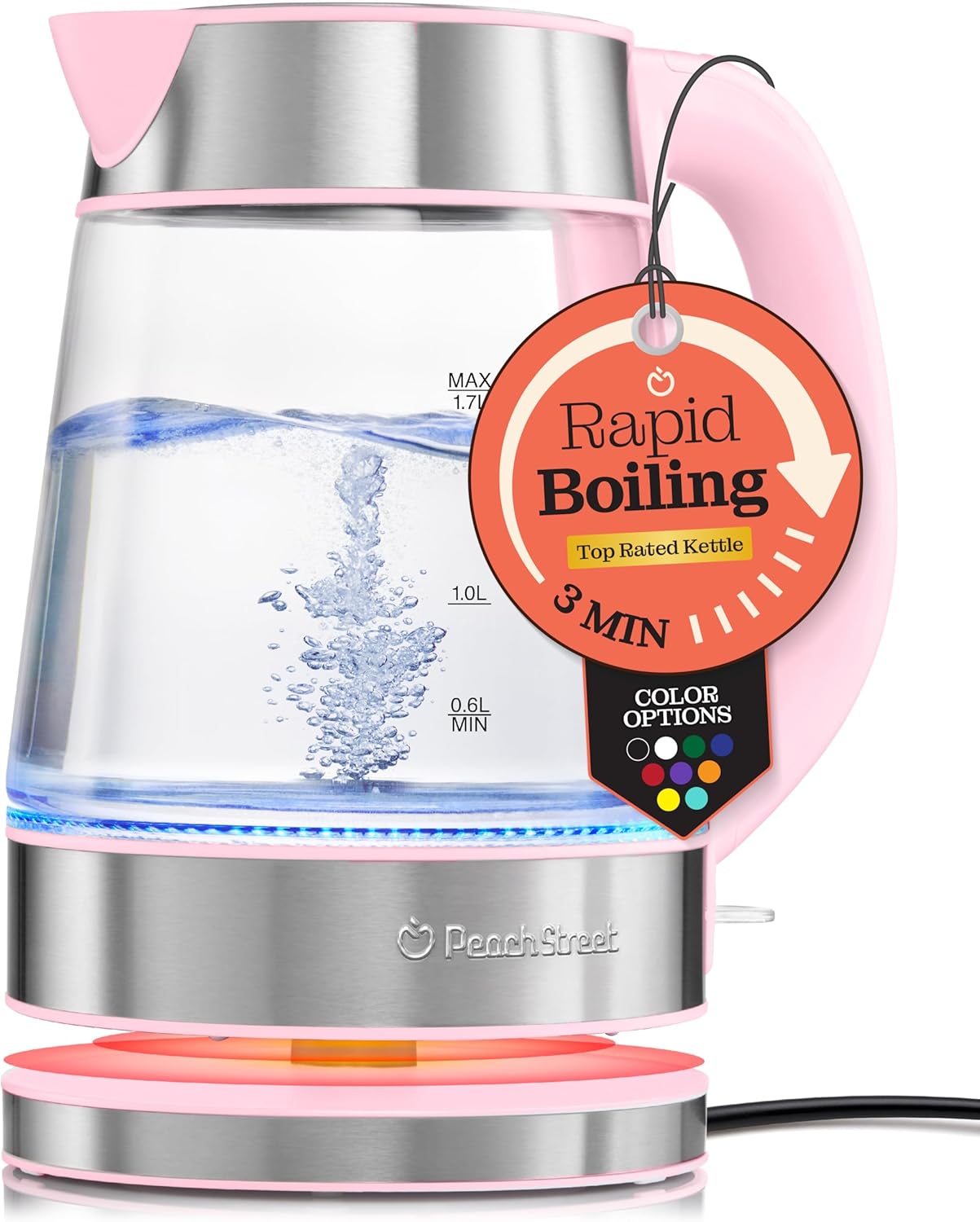 Speed-Boil Electric Kettle For Coffee & Tea - 1.7L Water Boiler 1500W, Borosilicate Glass, Easy Clean Wide Opening, Auto Shut-Off, Cool Touch Handle, LED Light. 360° Rotation, Boil Dry Protection