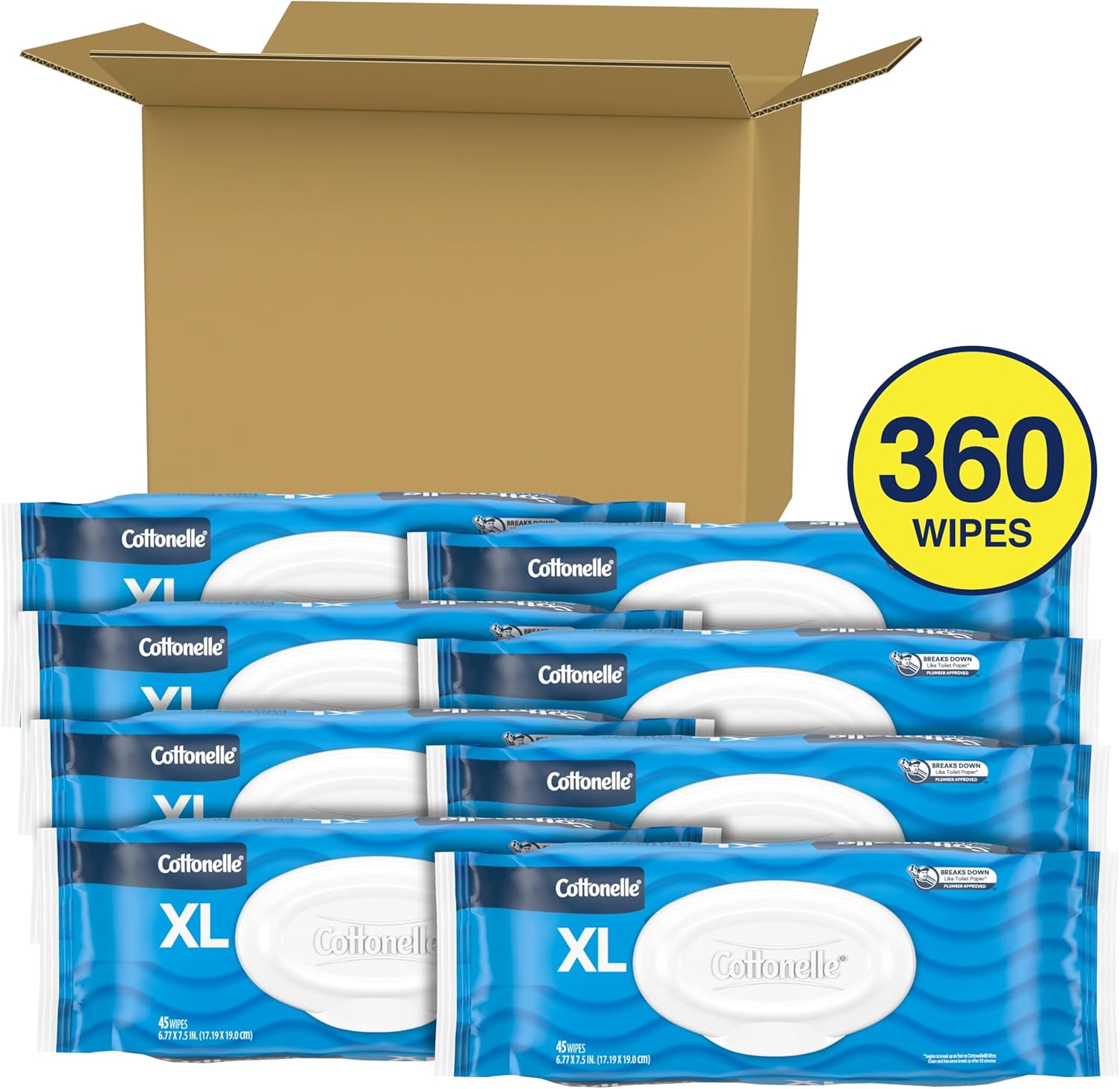 Cottonelle XL Flushable Wet Wipes, Adult Wipes Large, 8 Flip-Top Packs, 45 Wipes Per Pack (360 Total Wipes), Packaging May Vary
