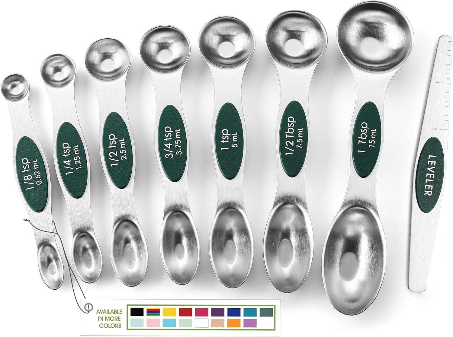 Spring Chef Magnetic Measuring Spoons Set with Strong N45 Magnets, Heavy Duty Stainless Steel Metal, Fits in Most Kitchen Spice Jars for Baking & Cooking, BPA Free, Black, Set of 8 with Leveler