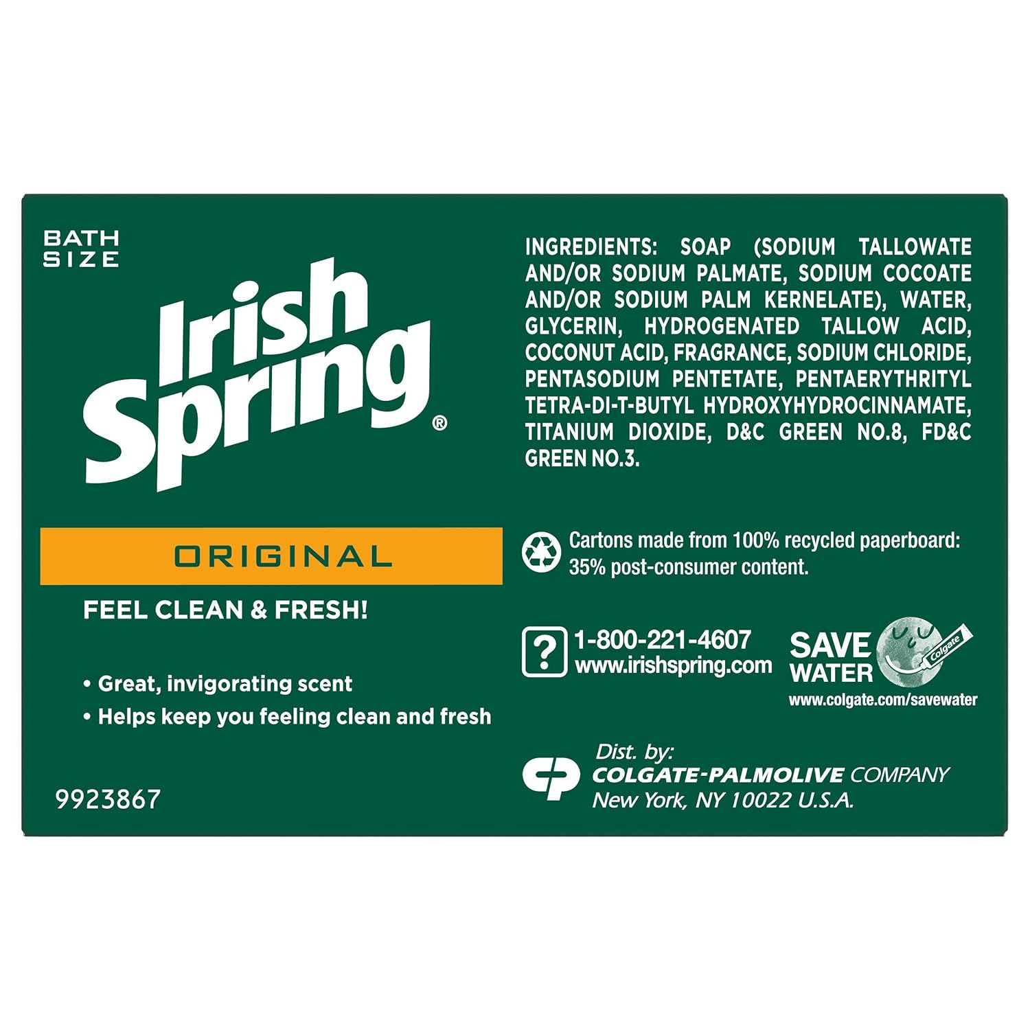 Irish Spring Bar Soap for Men, Original Clean, Smell Fresh and Clean for 12 Hours, Men Soap Bars for Washing Hands and Body, Mild for Skin, Recyclable Carton, 3.7 Ounce - 3 Count (Pack of 8)