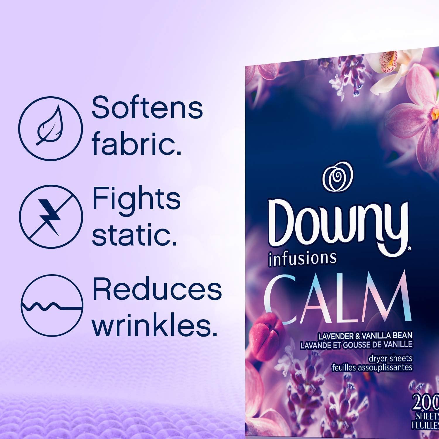 Downy Infusions Mega Dryer Sheets, Laundry Fabric Softener, CALM, Lavender and Vanilla Bean, 180 Count (3 box of 60 sheets)